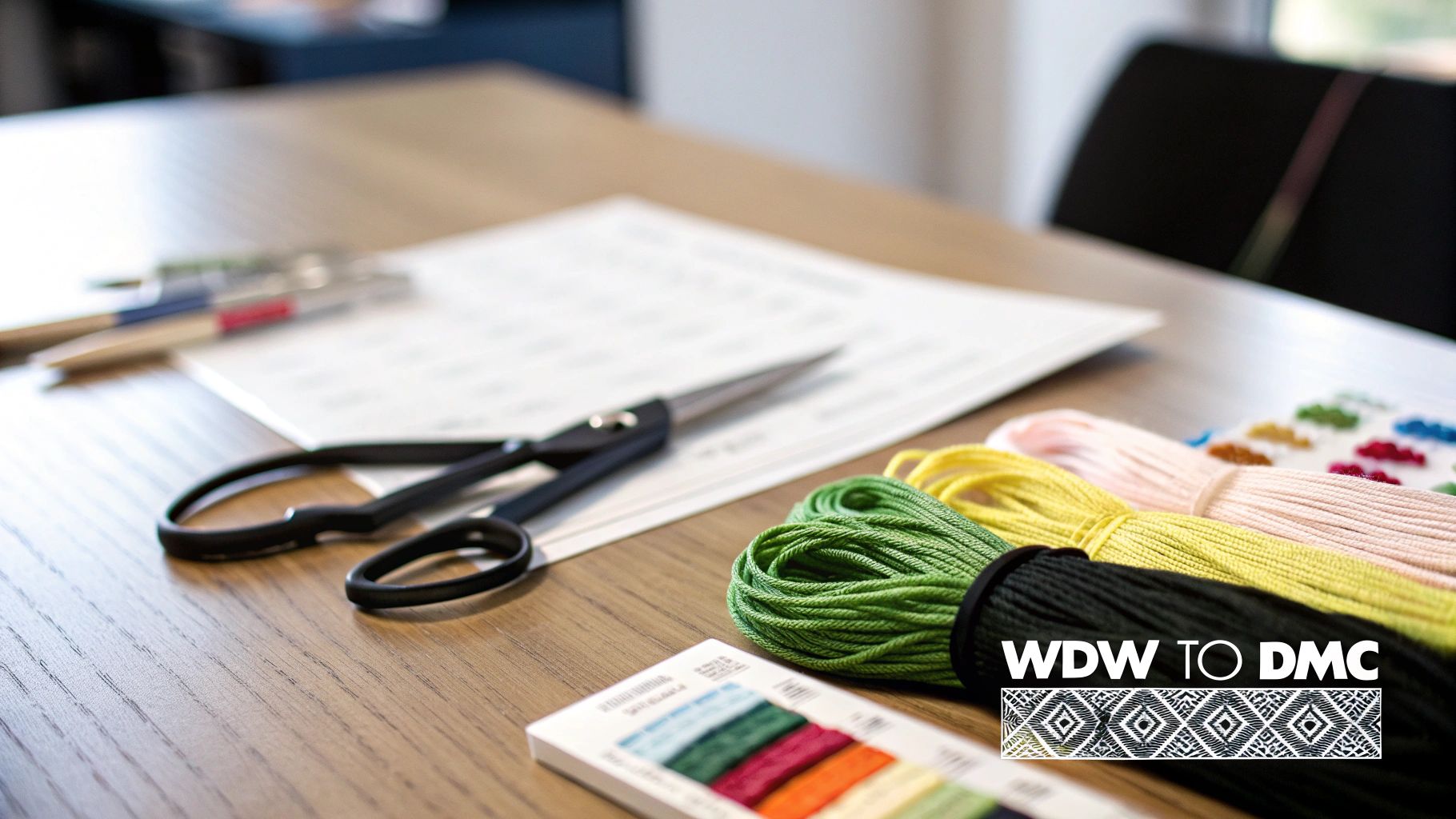 A close-up of colorful embroidery floss, scissors, and a conversion chart on a wooden table.