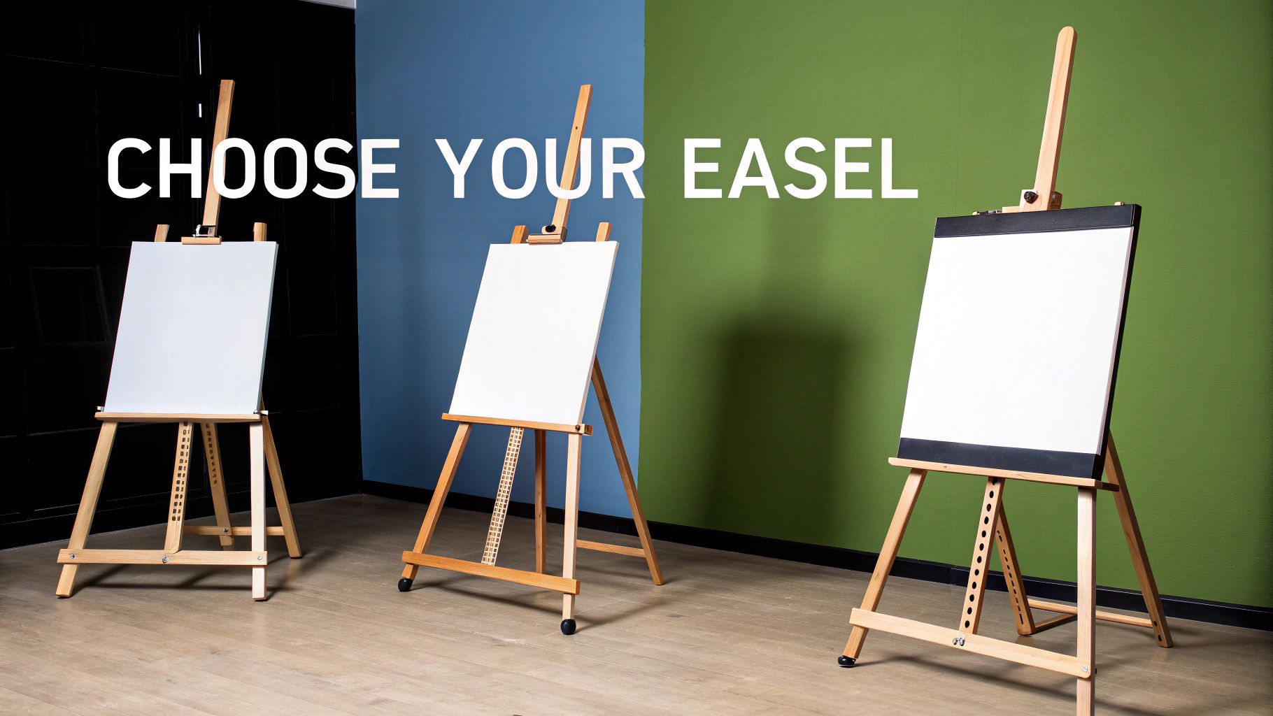 Three different wooden art easels with blank canvases are displayed against a colorful wall.