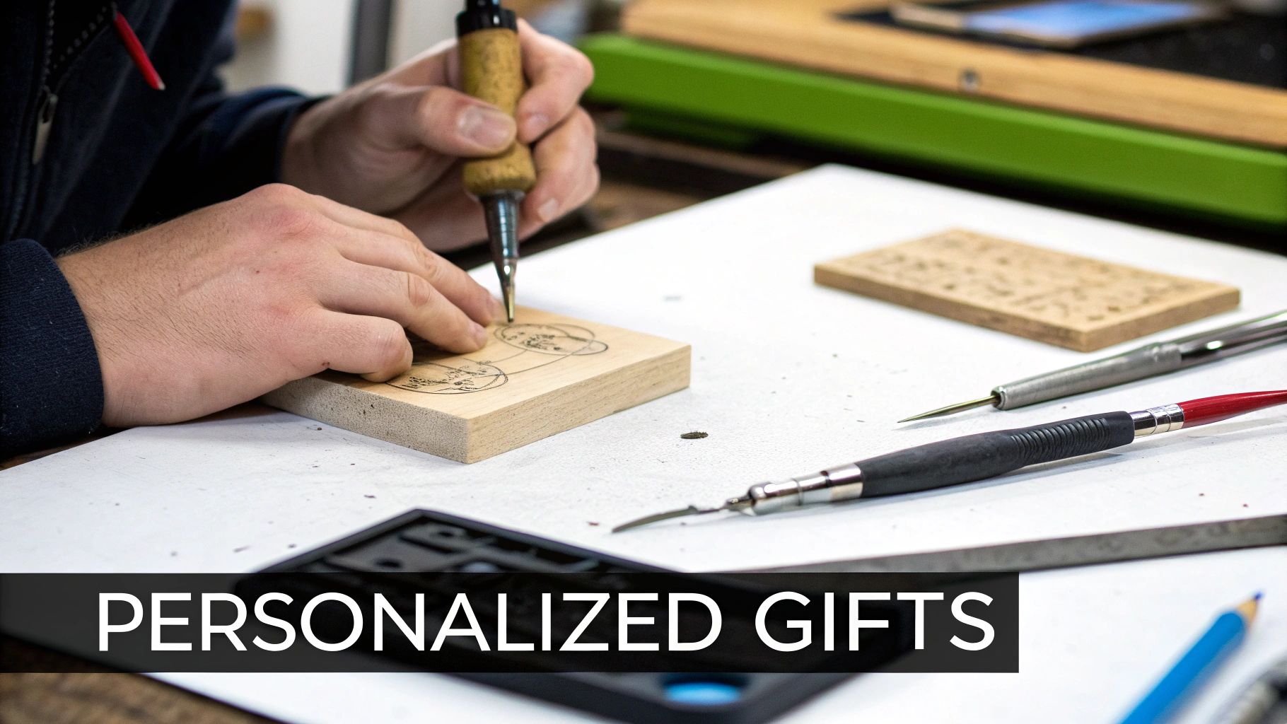 A person engraving a custom message onto a piece of silver jewelry.