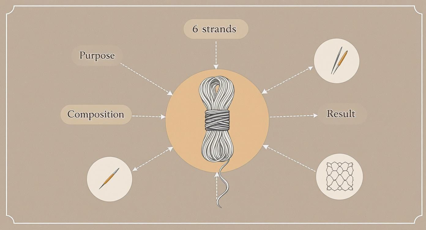Diagram showing embroidery floss with six strands connecting to purpose, composition, and result elements