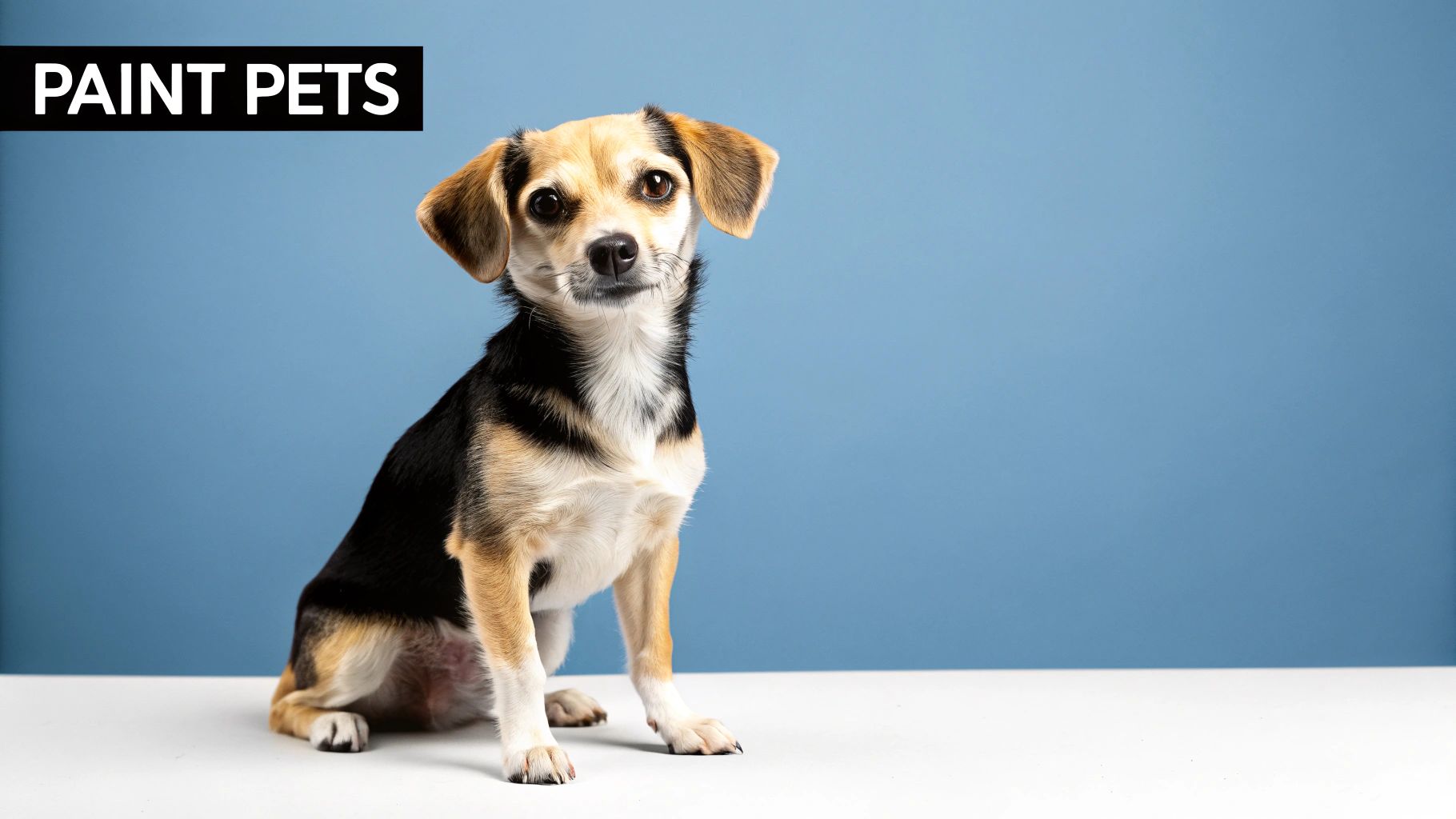 A small tricolor dog, black, tan, and white, sits on a white surface against a blue background.
