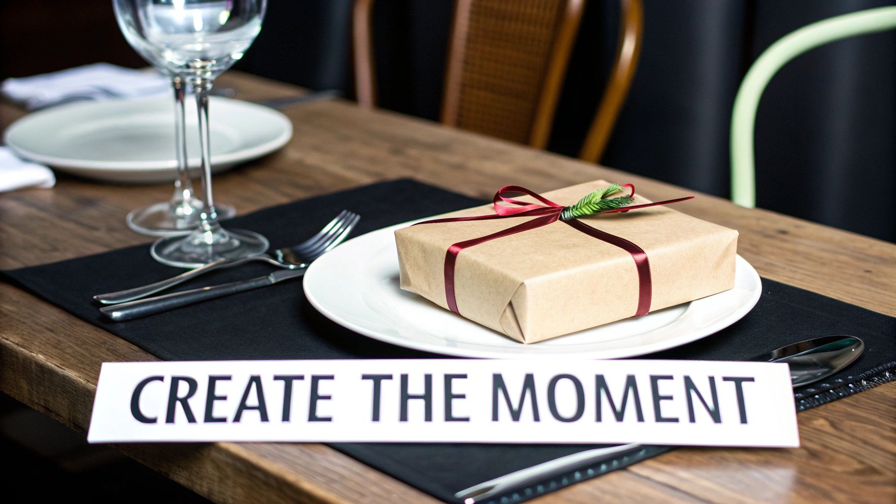 Elegant gift wrapped in kraft paper with burgundy ribbon on formal dinner table setting