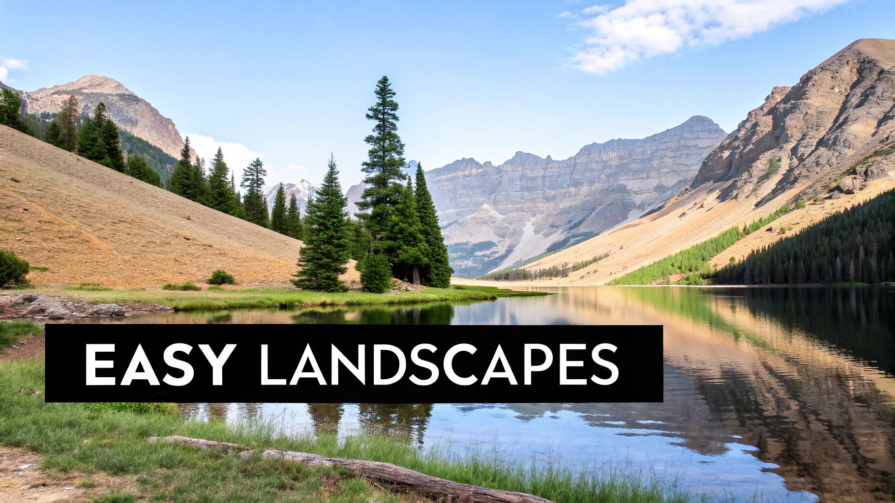 A serene mountain lake reflecting towering peaks and evergreen trees under a blue sky.