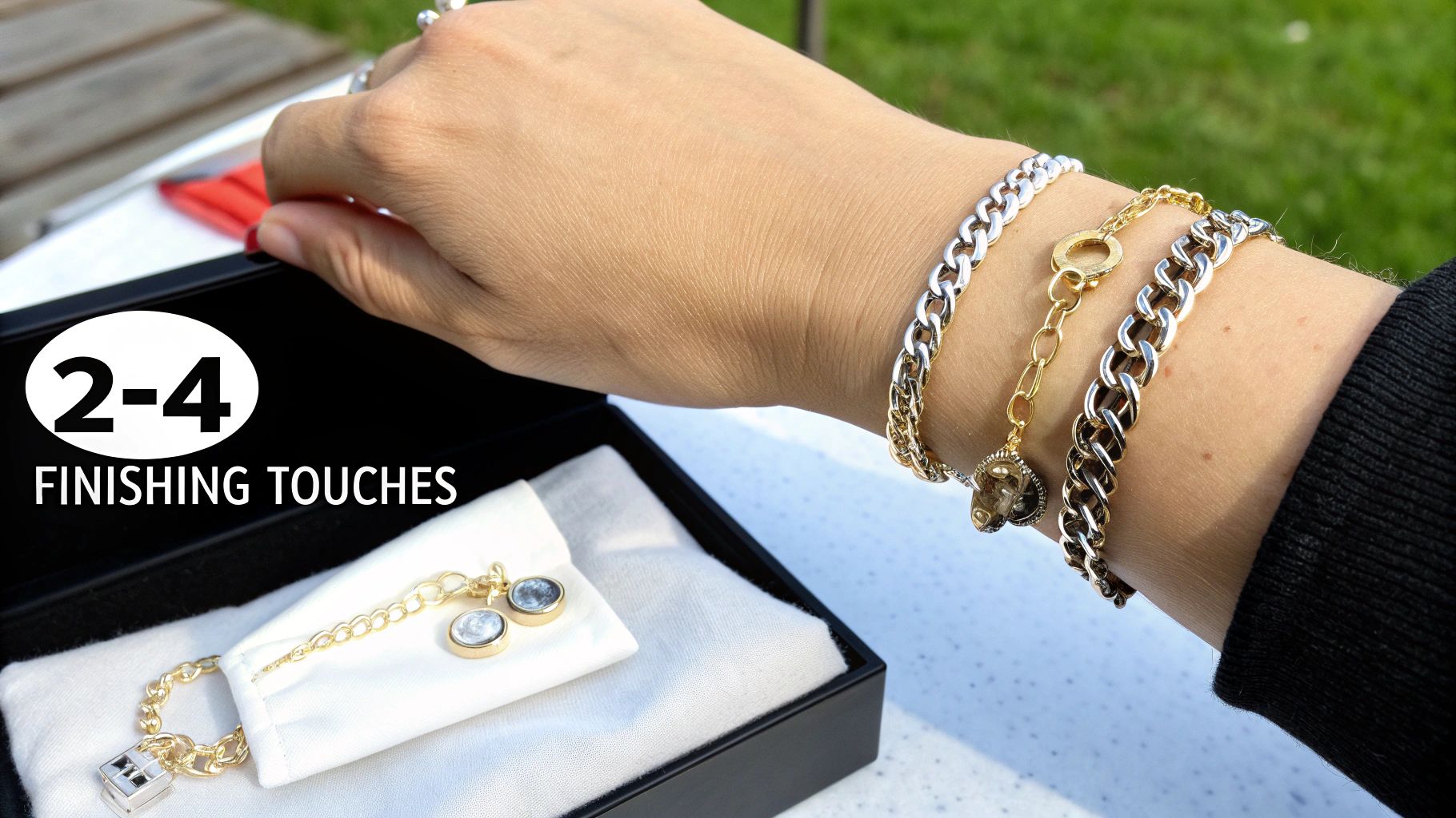 Close-up of an arm wearing layered gold and silver chain bracelets, with more stored in a jewelry box.
