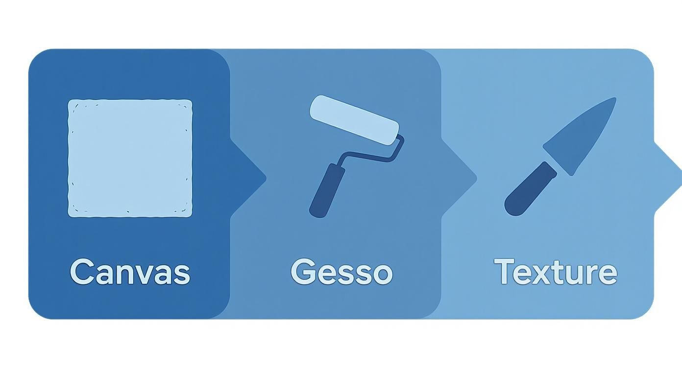 A three-step diagram illustrating the process of preparing a canvas: Canvas, Gesso, and Texture.