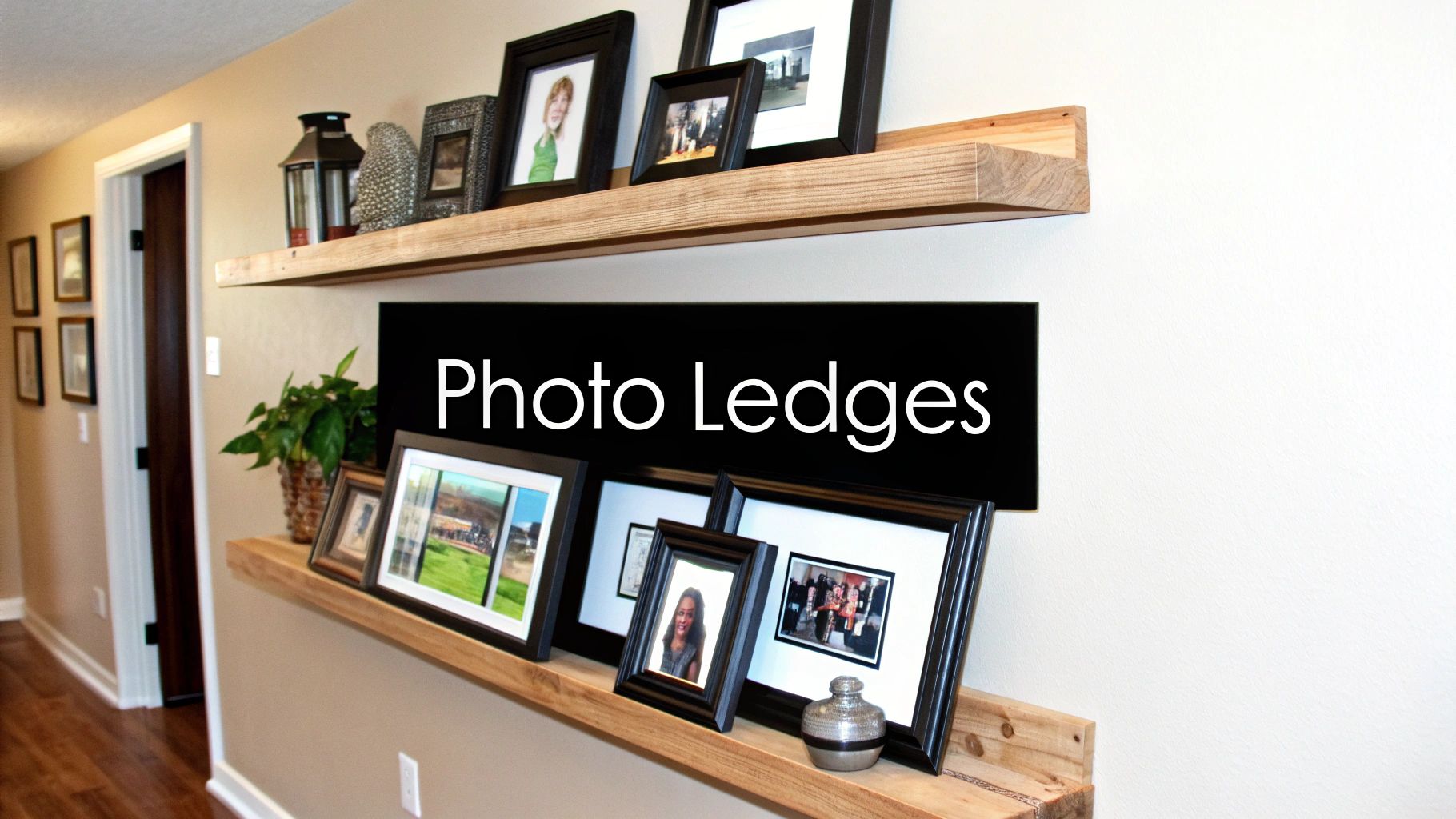 A stylish living room with three white photo ledges mounted on a gray wall, displaying a mix of black and white framed photos, small plants, and decorative objects.