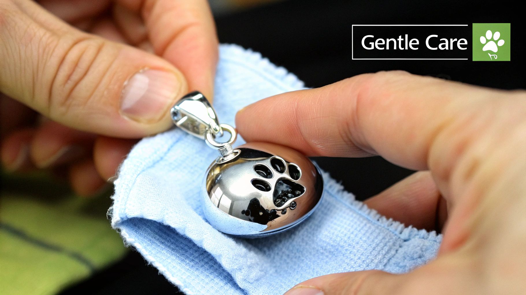 A custom pet jewelry necklace being gently cleaned with a soft cloth.
