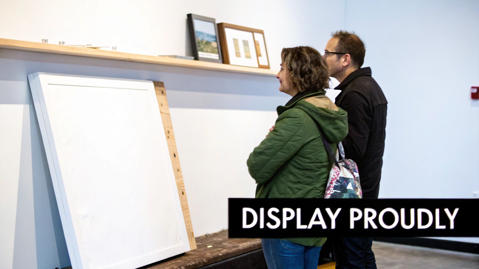 A couple proudly holding up their finished and framed paint by number artwork.