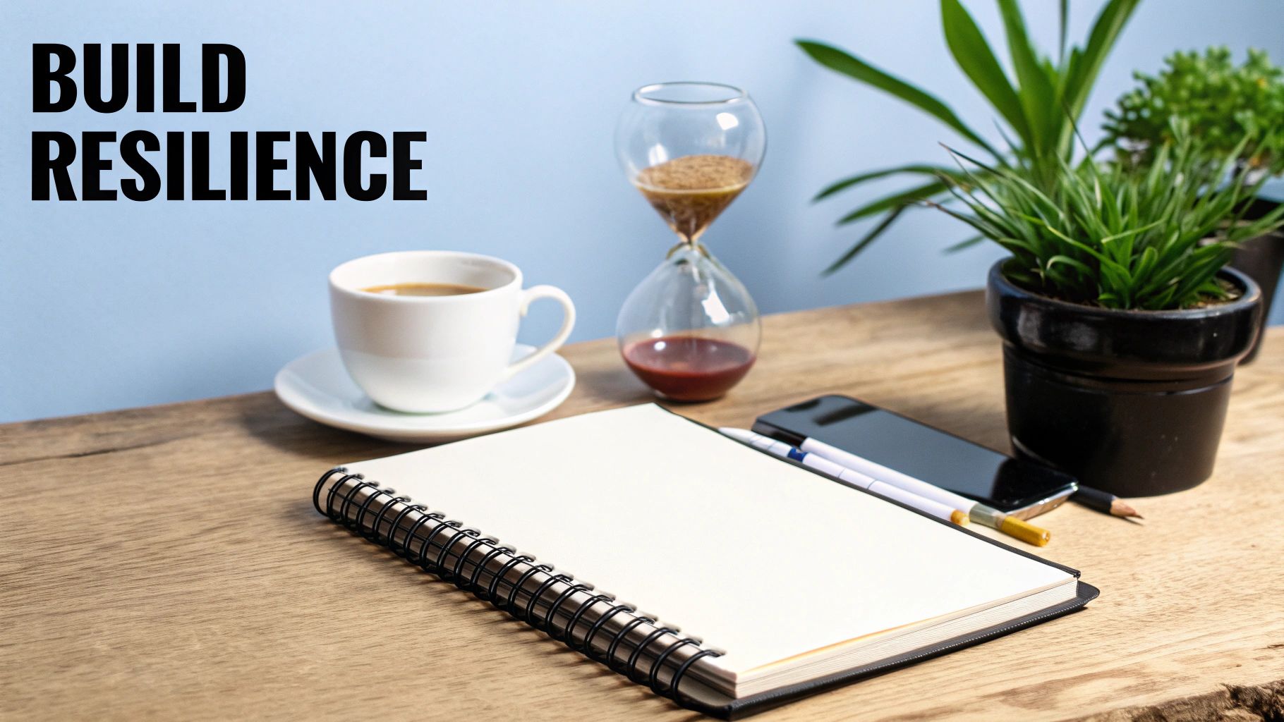A desk with coffee, an hourglass, plants, notebook, phone, and text 'BUILD RESILIENCE'.