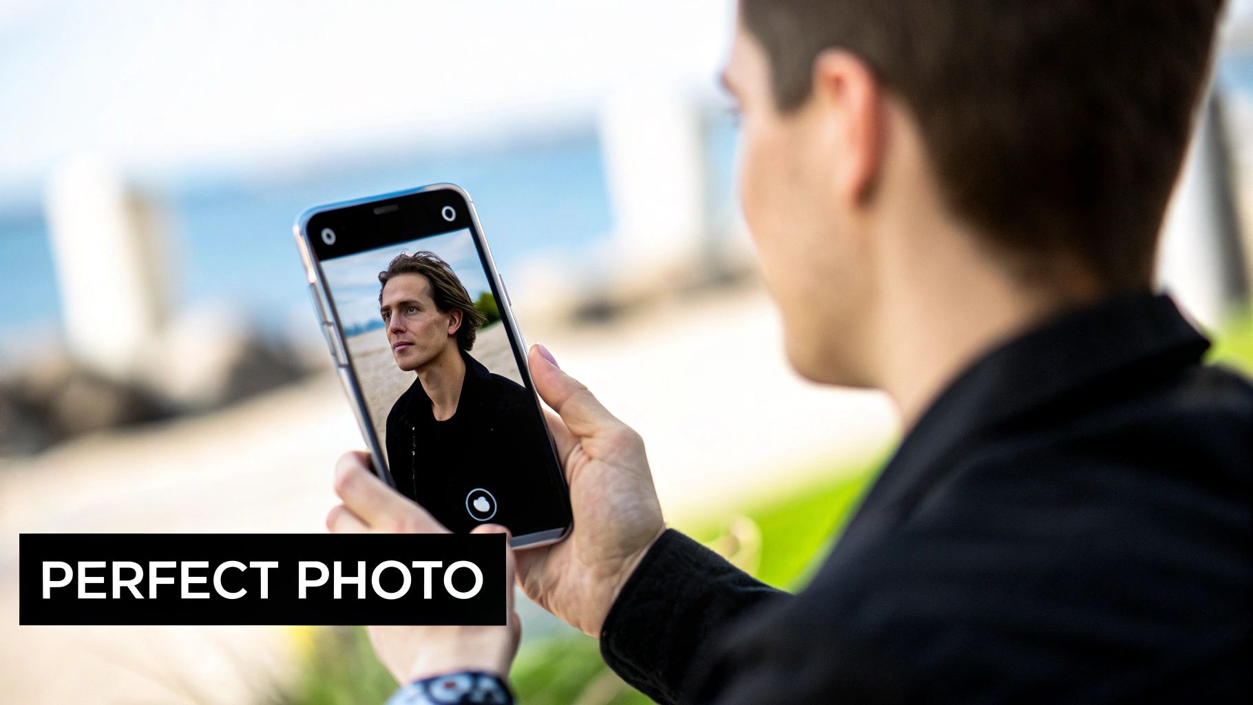 A person looking through a camera lens, with a soft, artistic background.