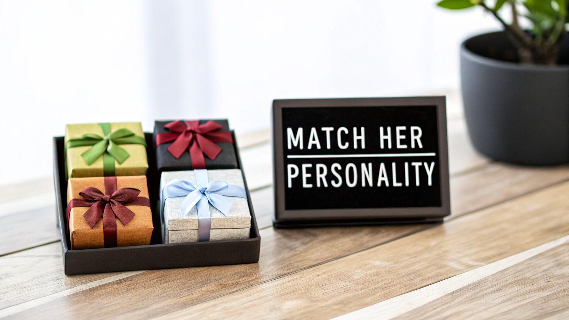 Four vibrantly wrapped gift boxes in a tray next to a sign 'Match Her Personality' on a wooden table.