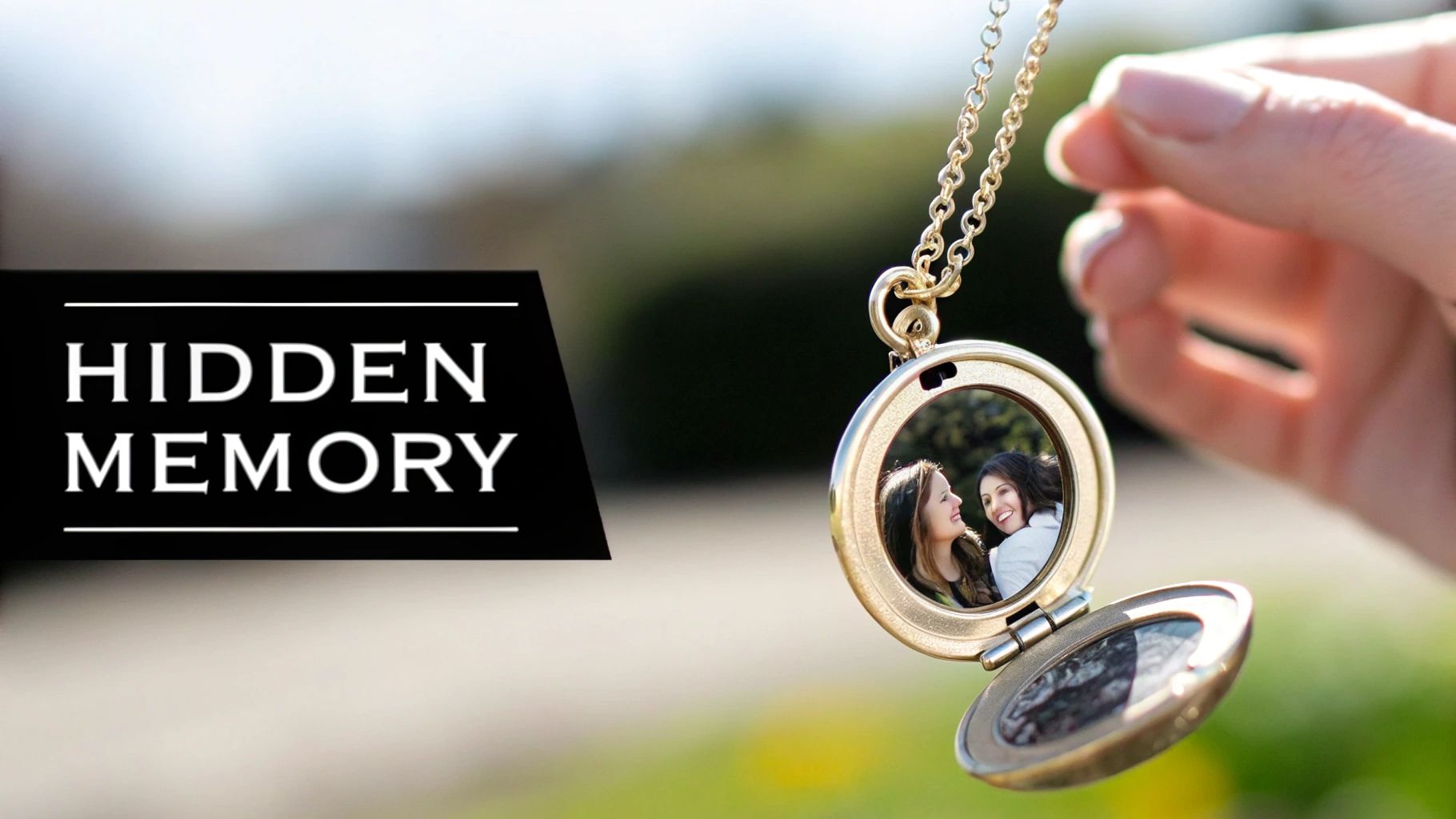 A hand holds an open golden locket necklace with a photo of two smiling friends inside, against a blurred outdoor background.