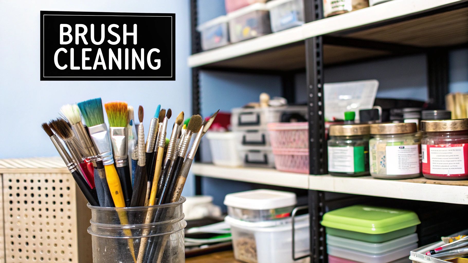 A clean and organized painting workspace with an easel, natural light, and protected surfaces.