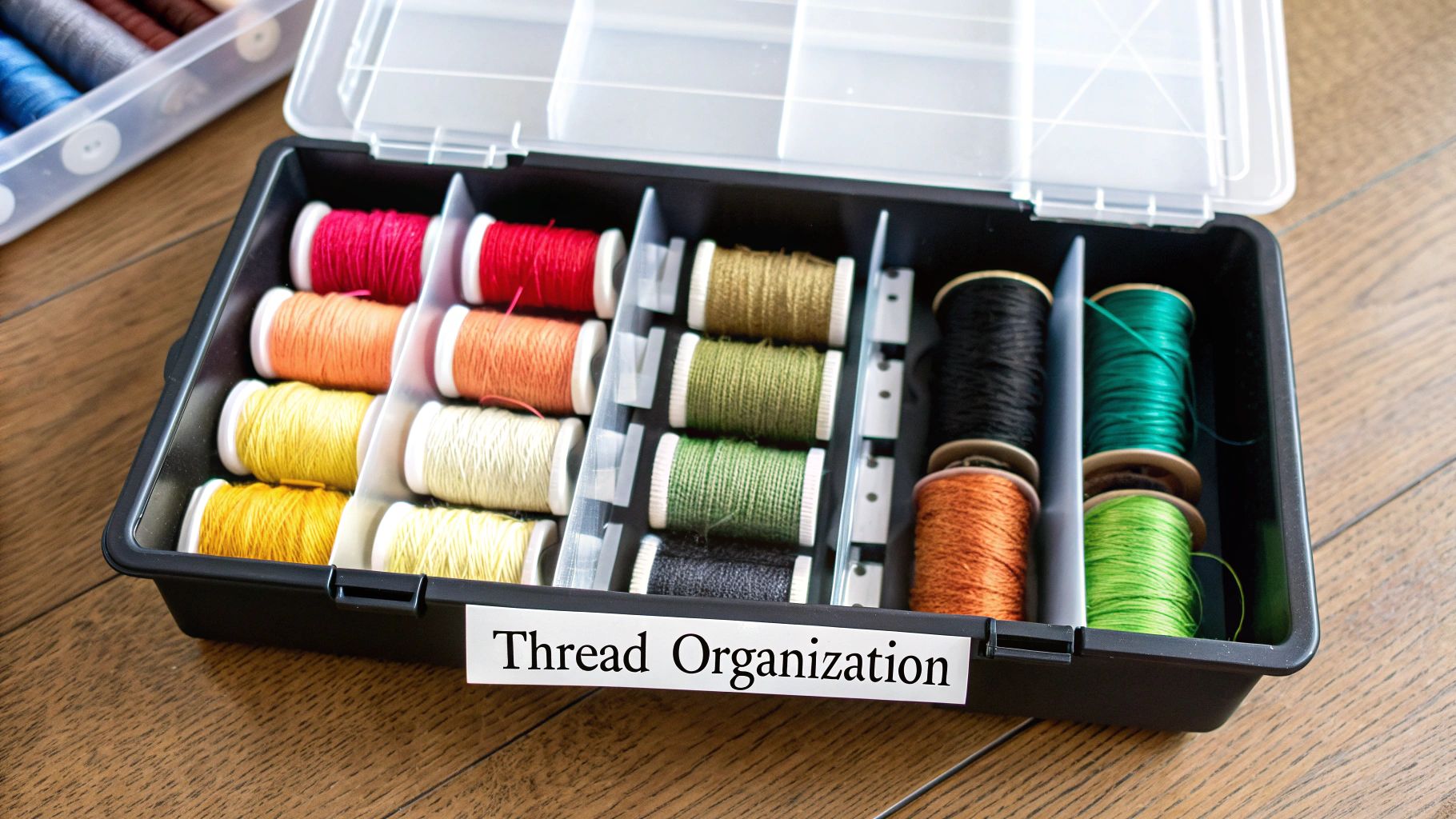 A well-organized plastic box filled with numbered embroidery floss bobbins, sorted by color.