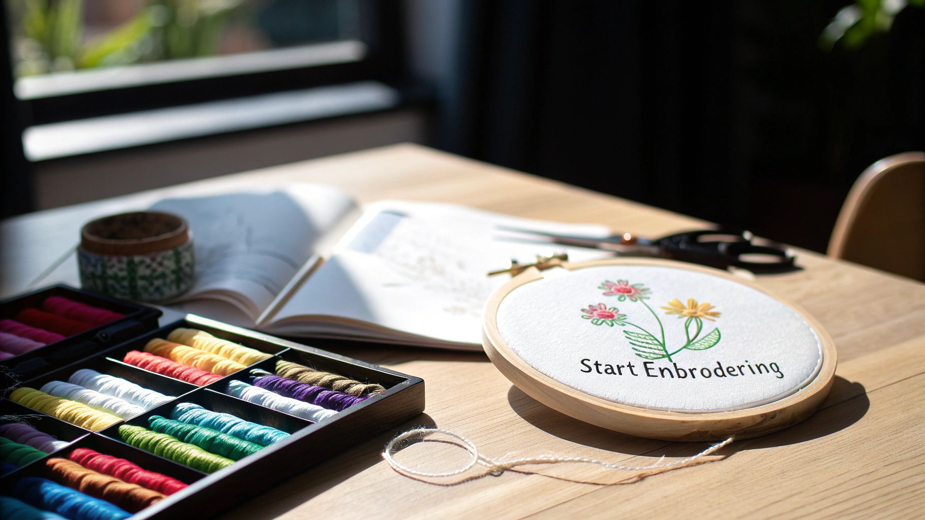Embroidery hoop with floral design, colorful thread spools, scissors, and beginner's instruction book on wooden desk