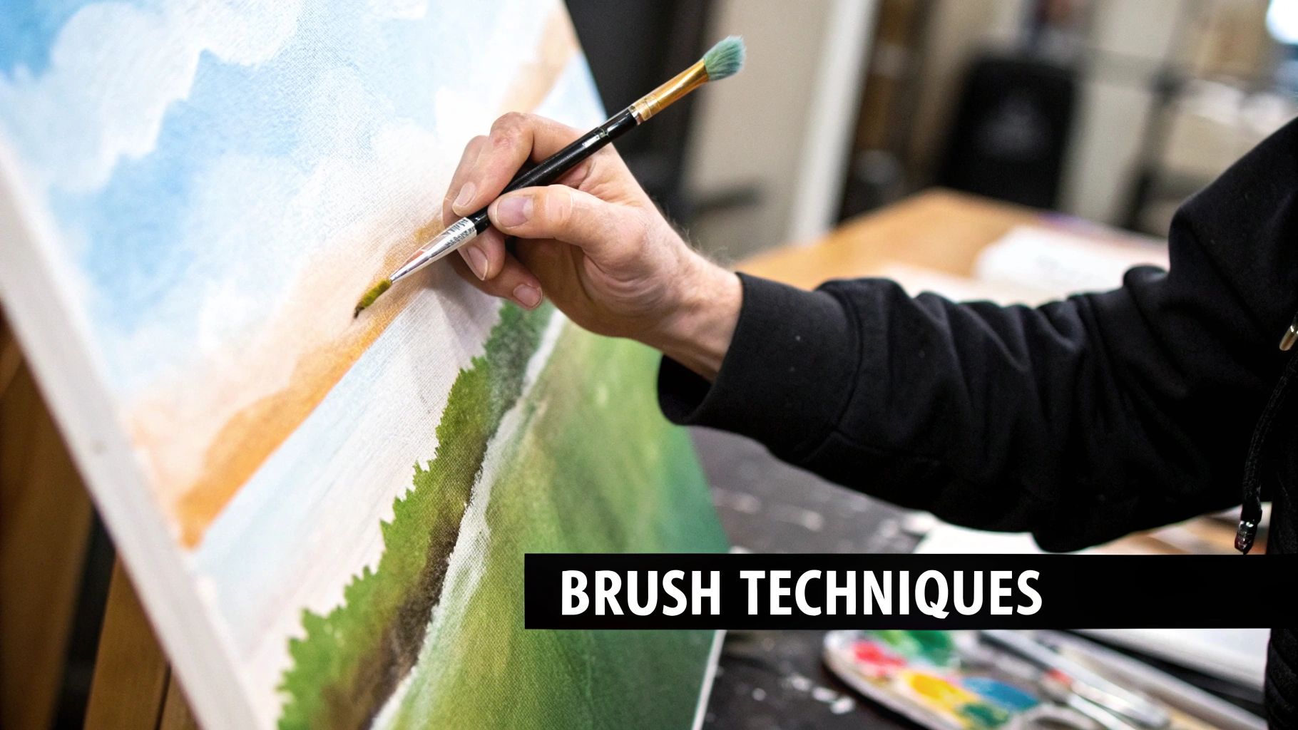 Close-up of an artist's hand using a paintbrush to add details to a landscape painting on canvas.