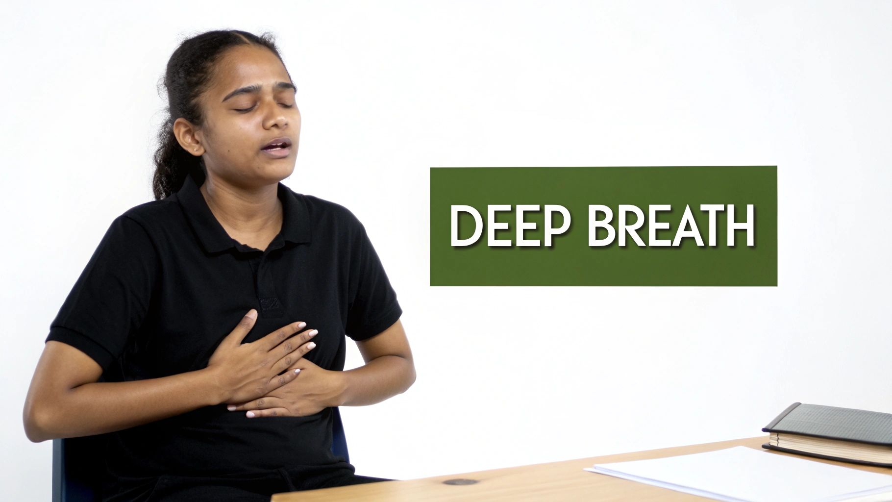 Young woman with closed eyes and hands on chest, practicing deep breathing next to 'DEEP BREATH' text.