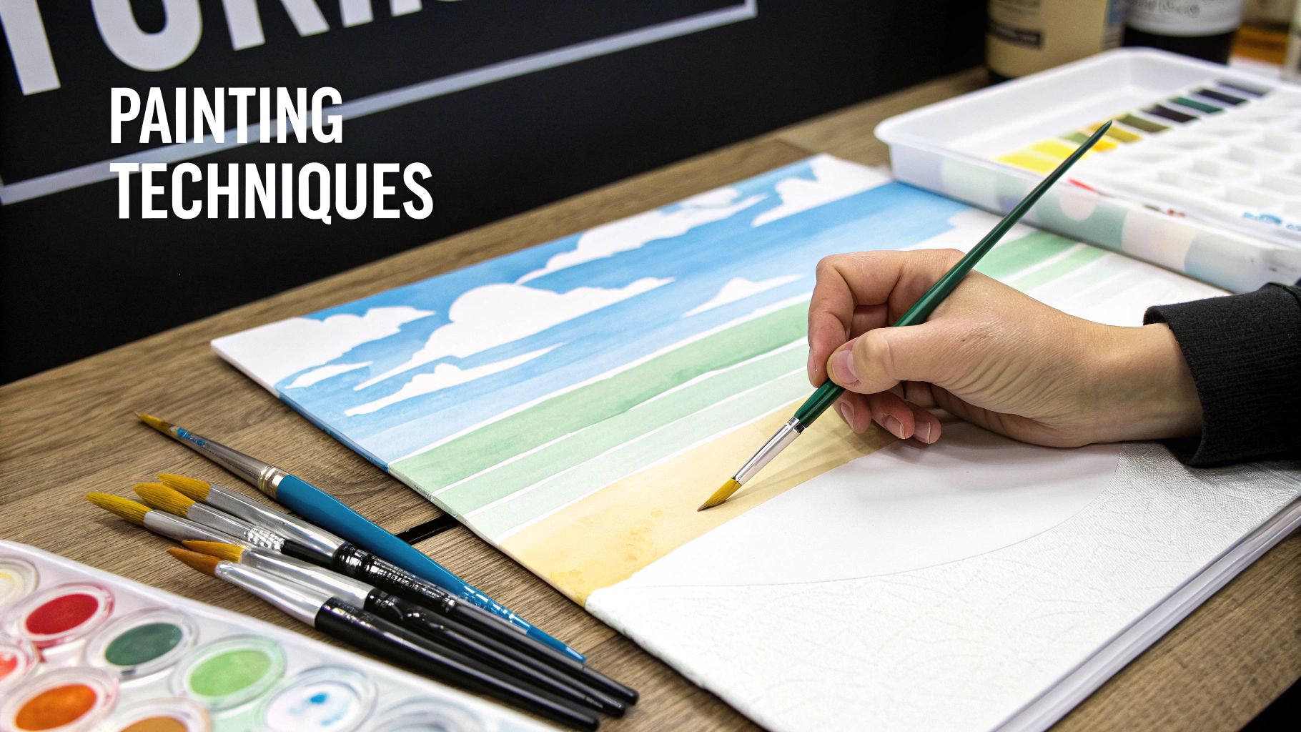 A person's hand demonstrates painting techniques on a watercolor landscape, surrounded by paintbrushes and supplies.