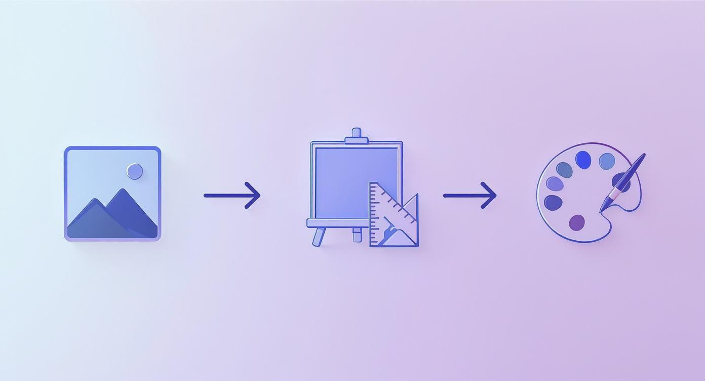 A visual process showing an image icon, transforming into an easel with design tools, then a painter's palette.