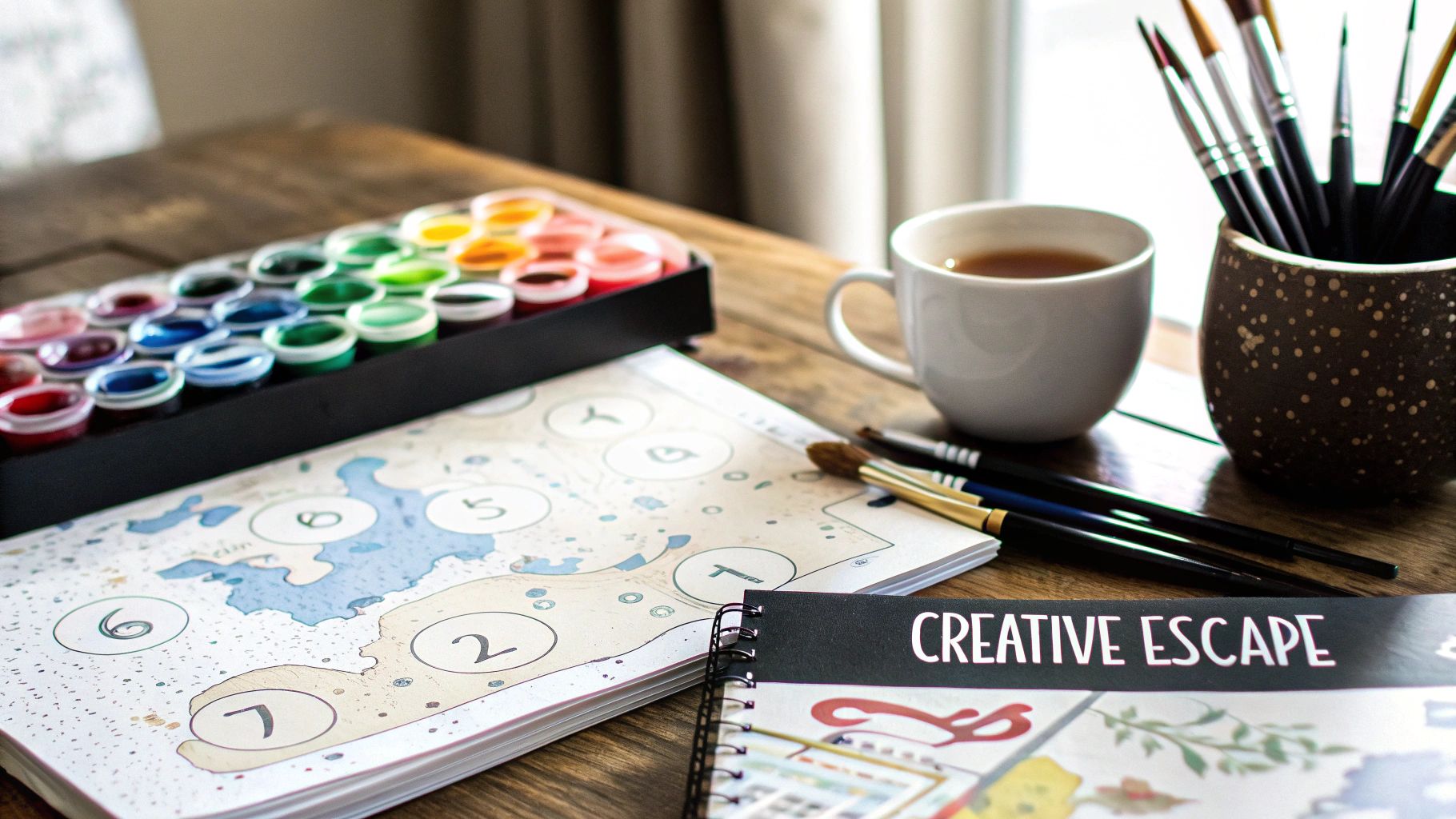 A paint-by-numbers kit with colorful paints, brushes, a numbered canvas, and tea on a wooden table.