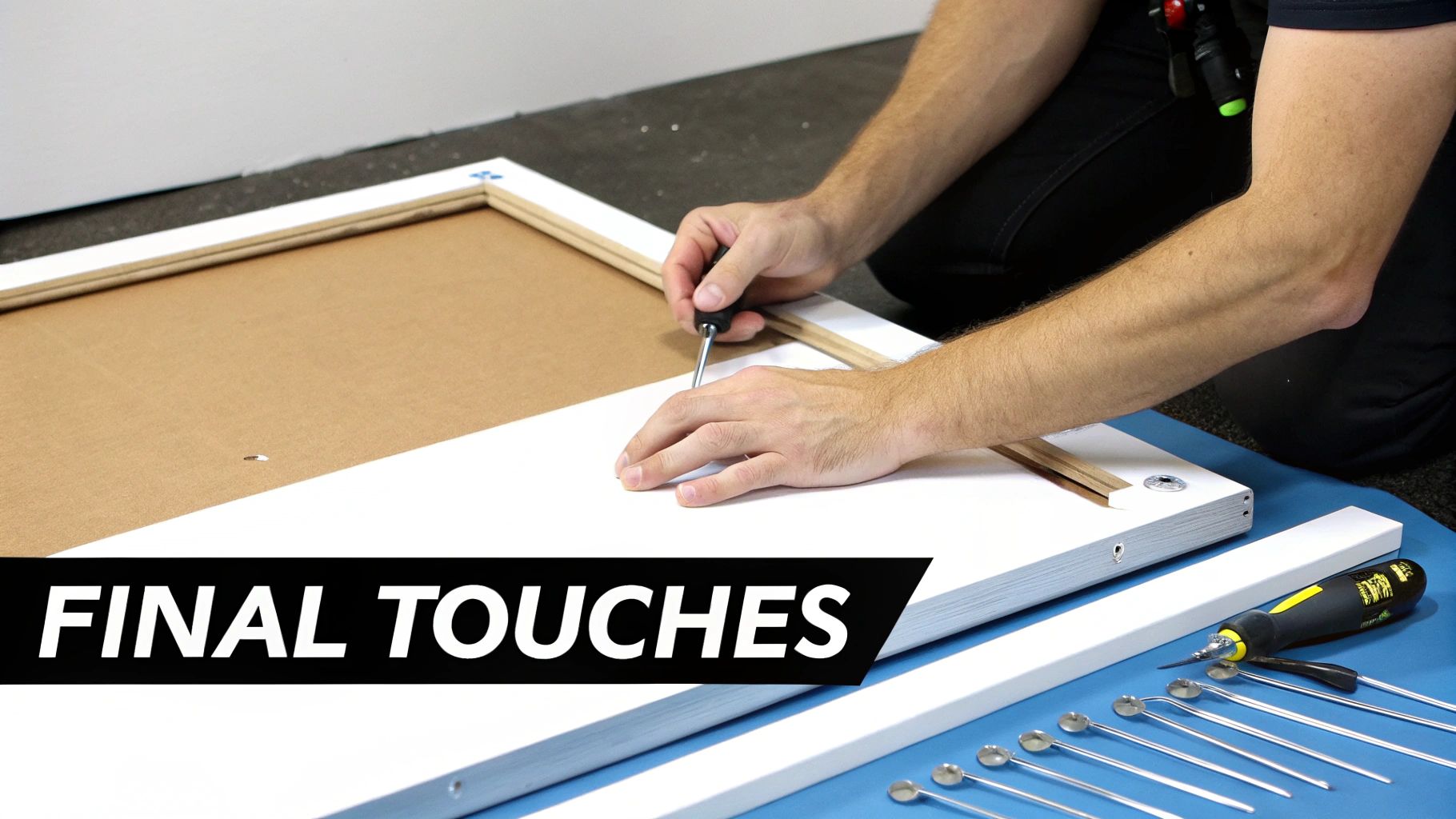 A person's hands use a screwdriver to assemble parts of a white frame on a blue mat.