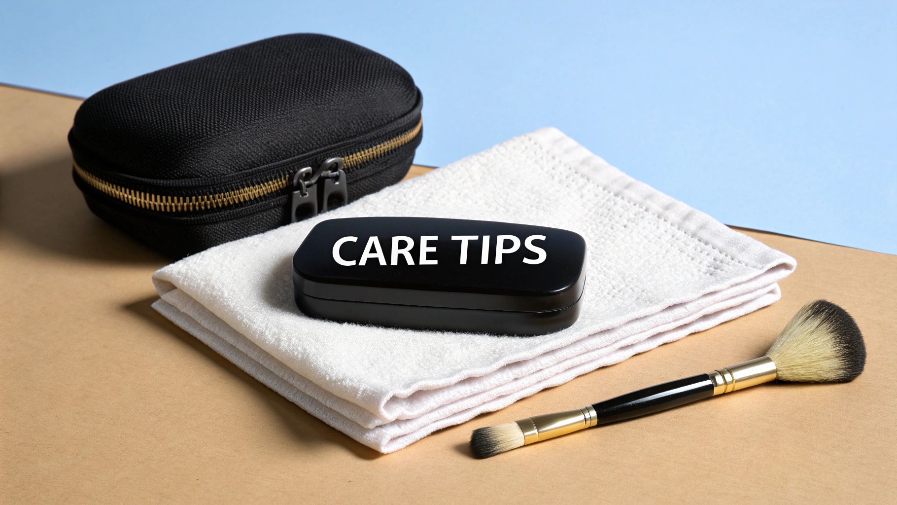 Black case, 'CARE TIPS' container, white towel, and makeup brush, suggesting a beauty routine.