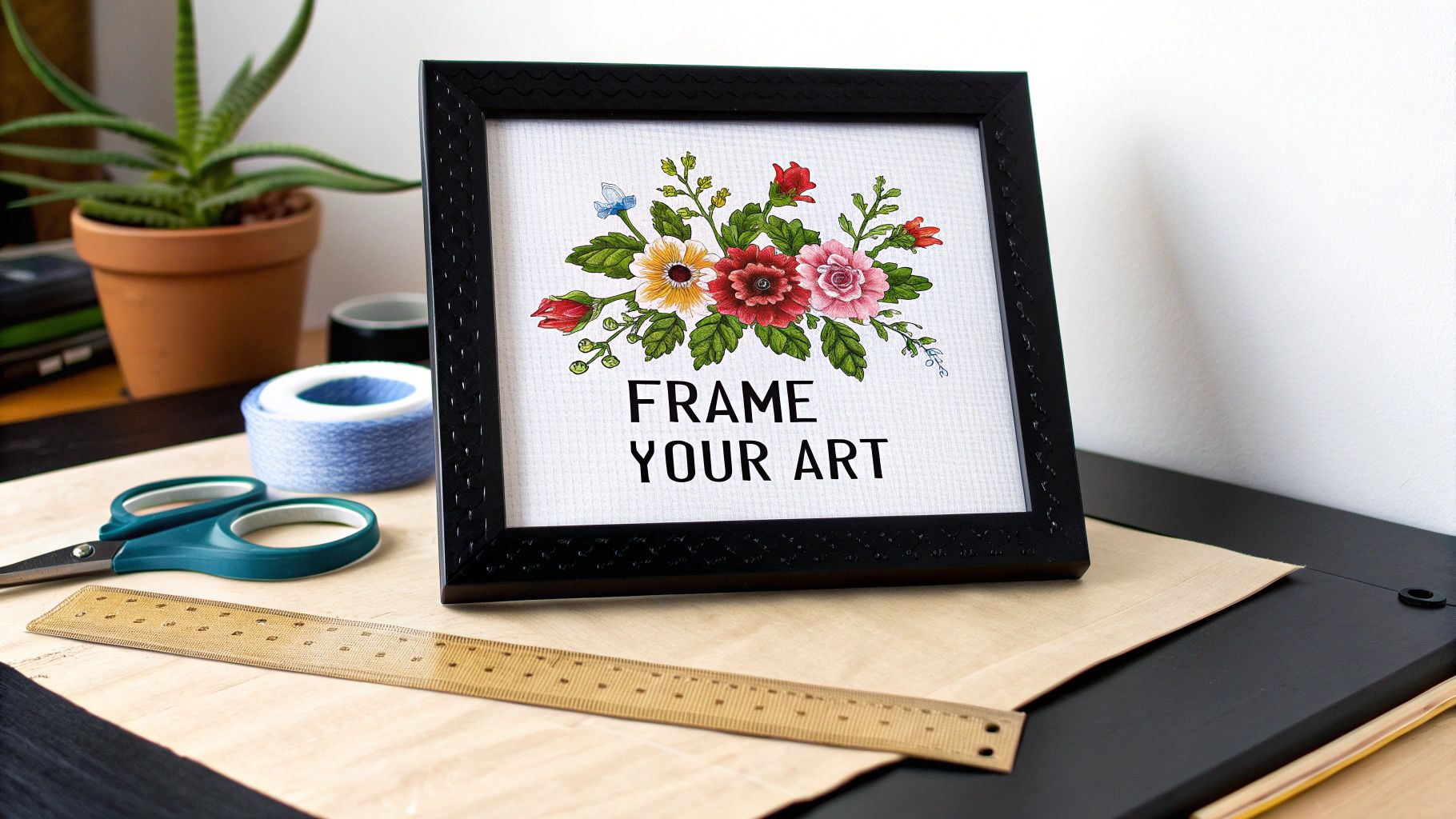A framed floral cross-stitch art piece with 'FRAME YOUR ART' text, surrounded by craft supplies on a wooden table.