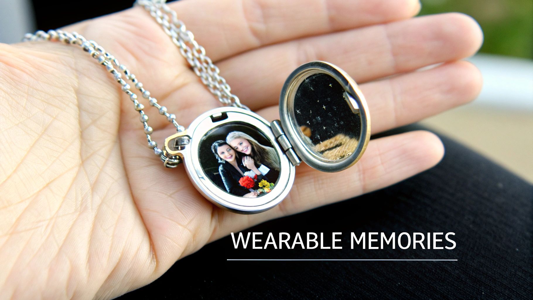 A woman holding a delicate photo charm necklace, showcasing its intricate design.