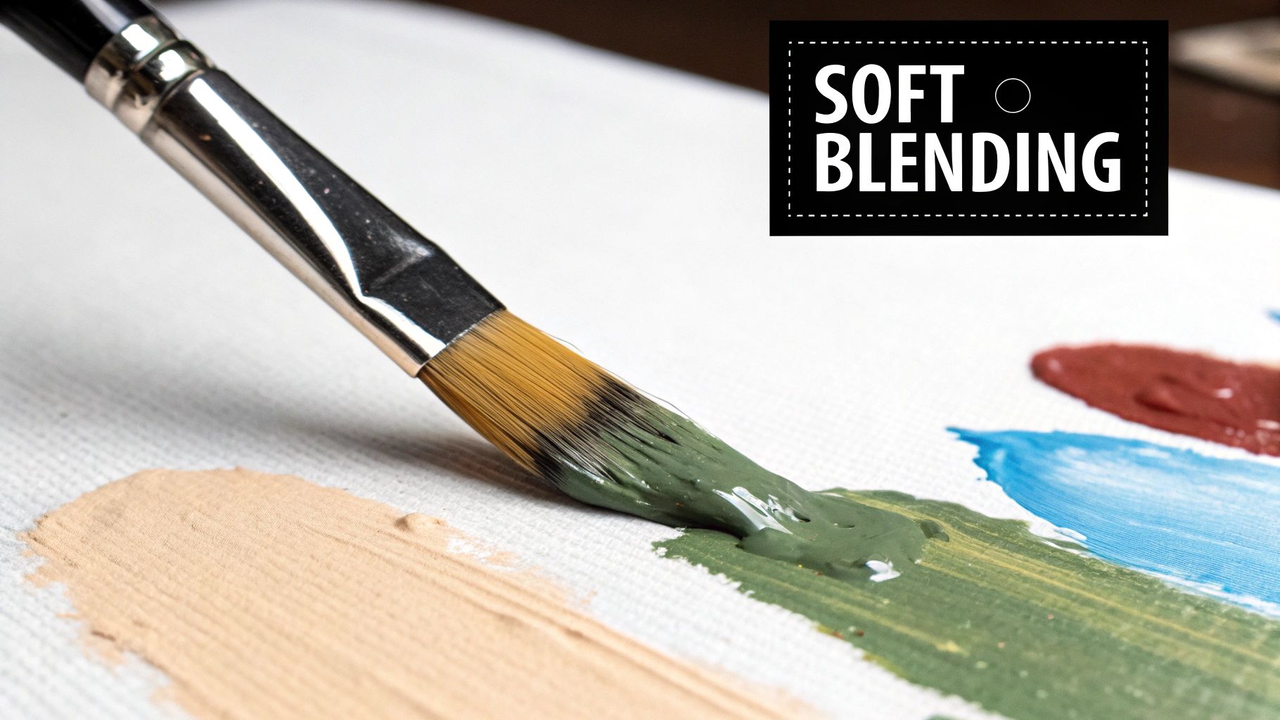 A person's hand holding a paintbrush, demonstrating a blending technique on a colorful canvas.