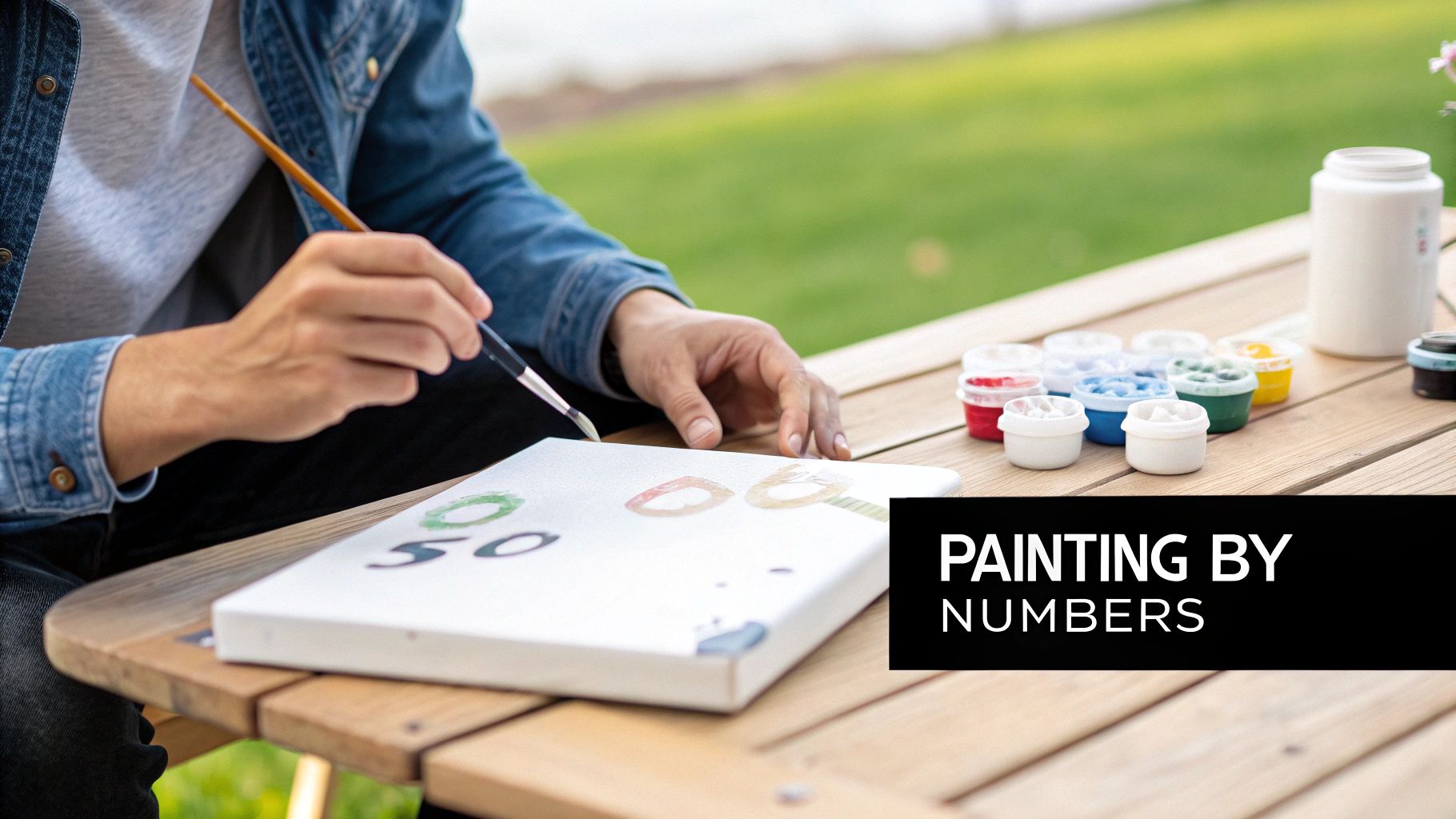 A person meticulously paints a numbered canvas outdoors with colorful paints and a brush.