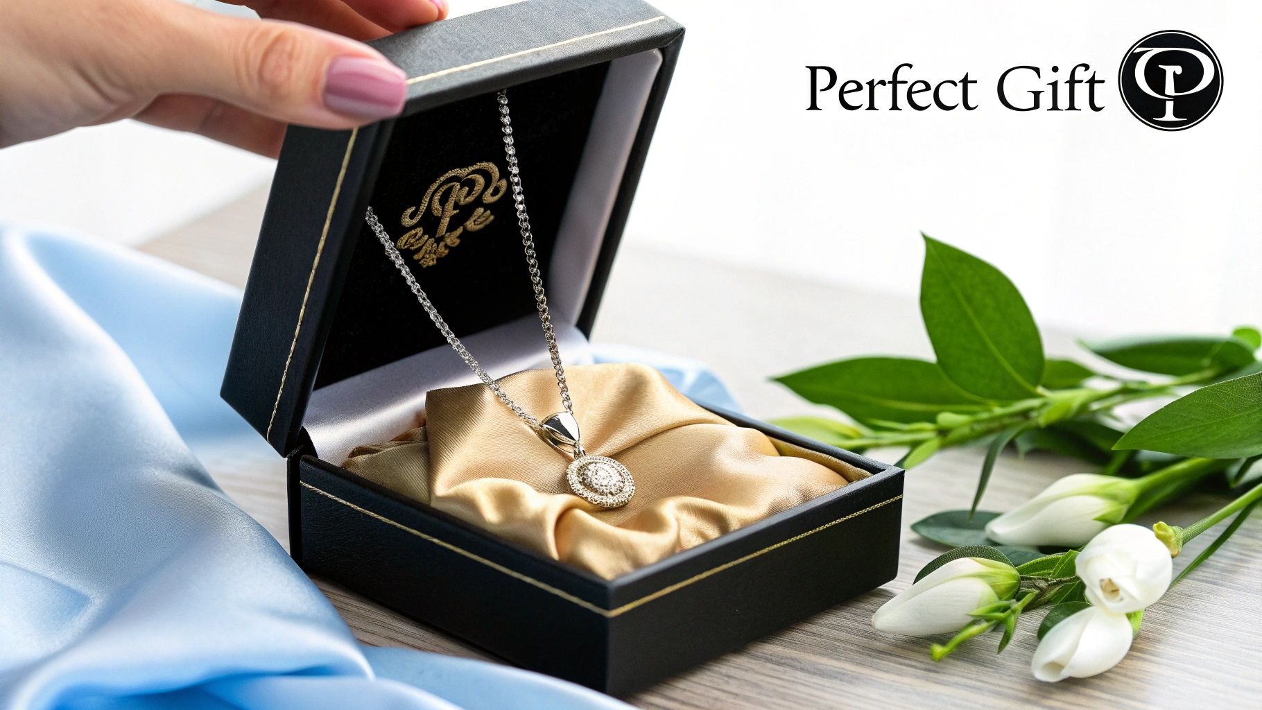 A person receiving a personalized memory necklace as a gift, with a look of happy surprise.