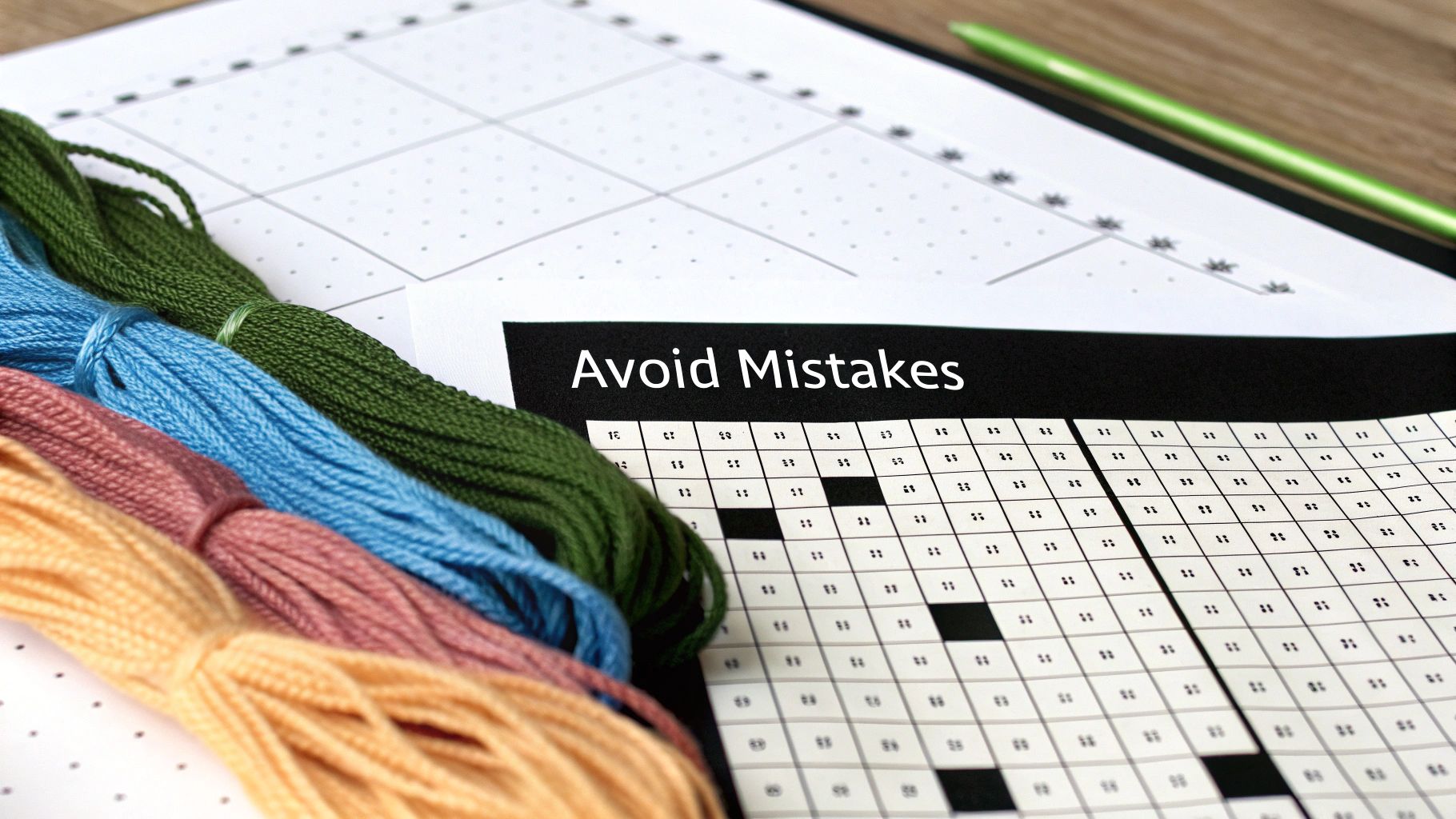 A close-up shot of a cross stitch project with a needle and thread, highlighting potential mistakes like puckering.