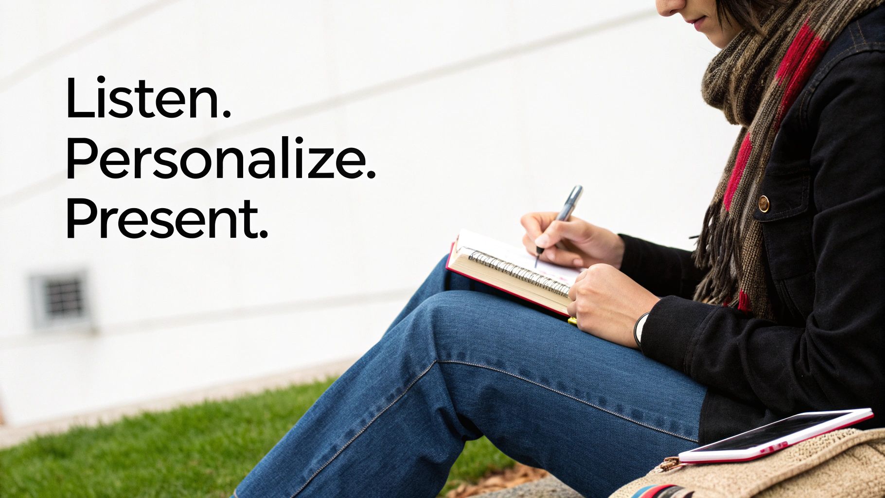 A man carefully placing a beautifully wrapped gift with a handwritten tag on it.