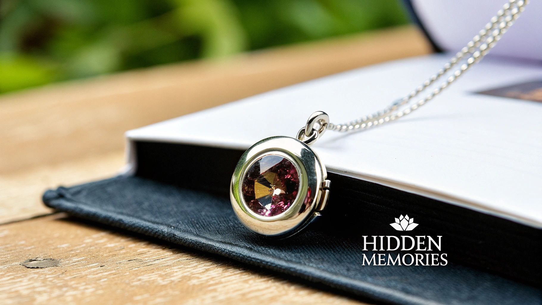 A shimmering silver locket with a faceted purple gemstone rests on an open book or album.