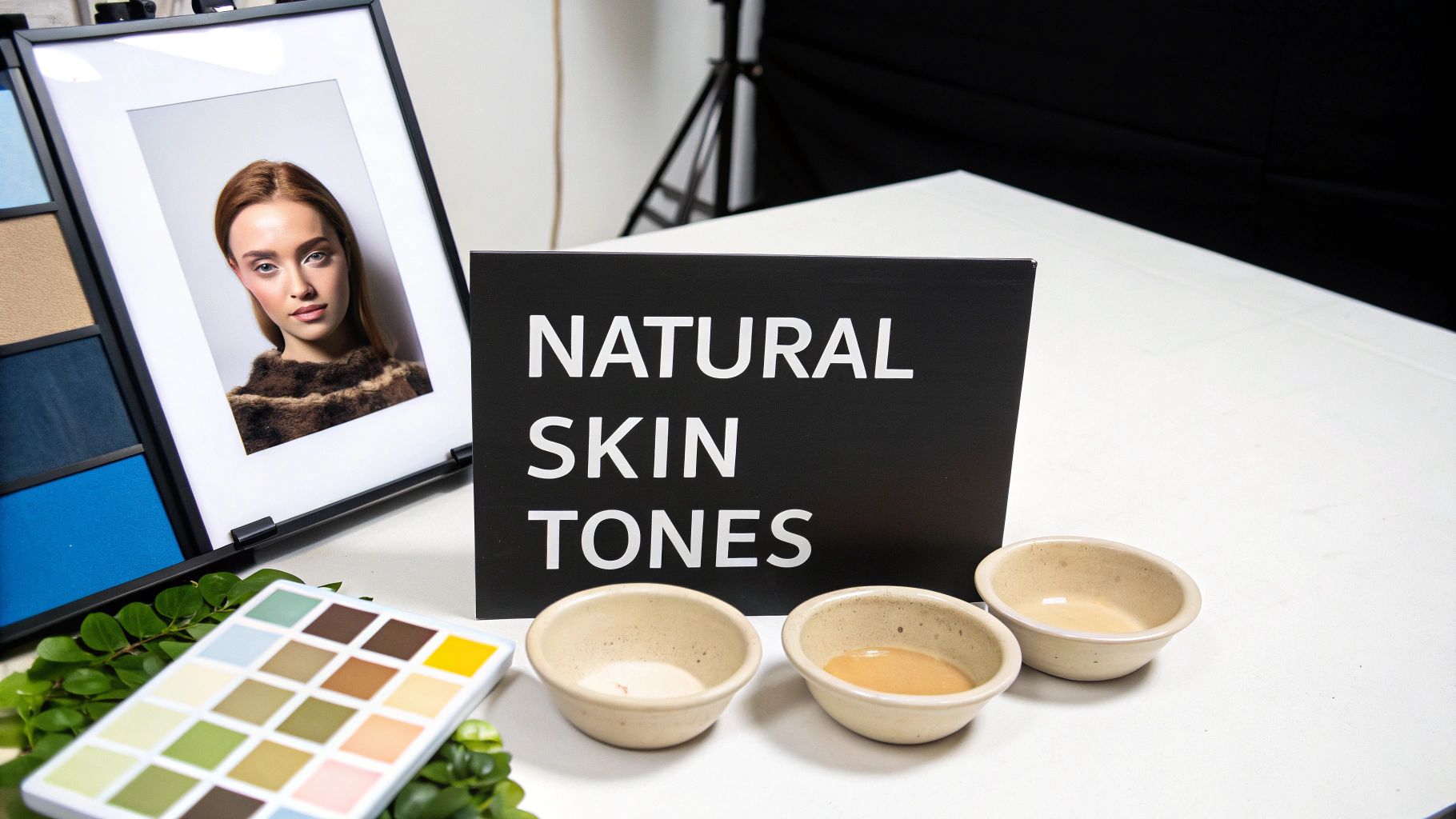 A studio setup for natural skin tones, featuring a portrait, color palette, and foundation samples.