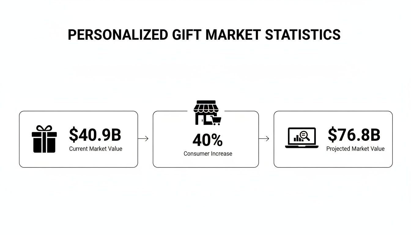 Statistics on the personalized gift market showing current value of $40.9B, 40% consumer increase, and projected value of $76.8B.