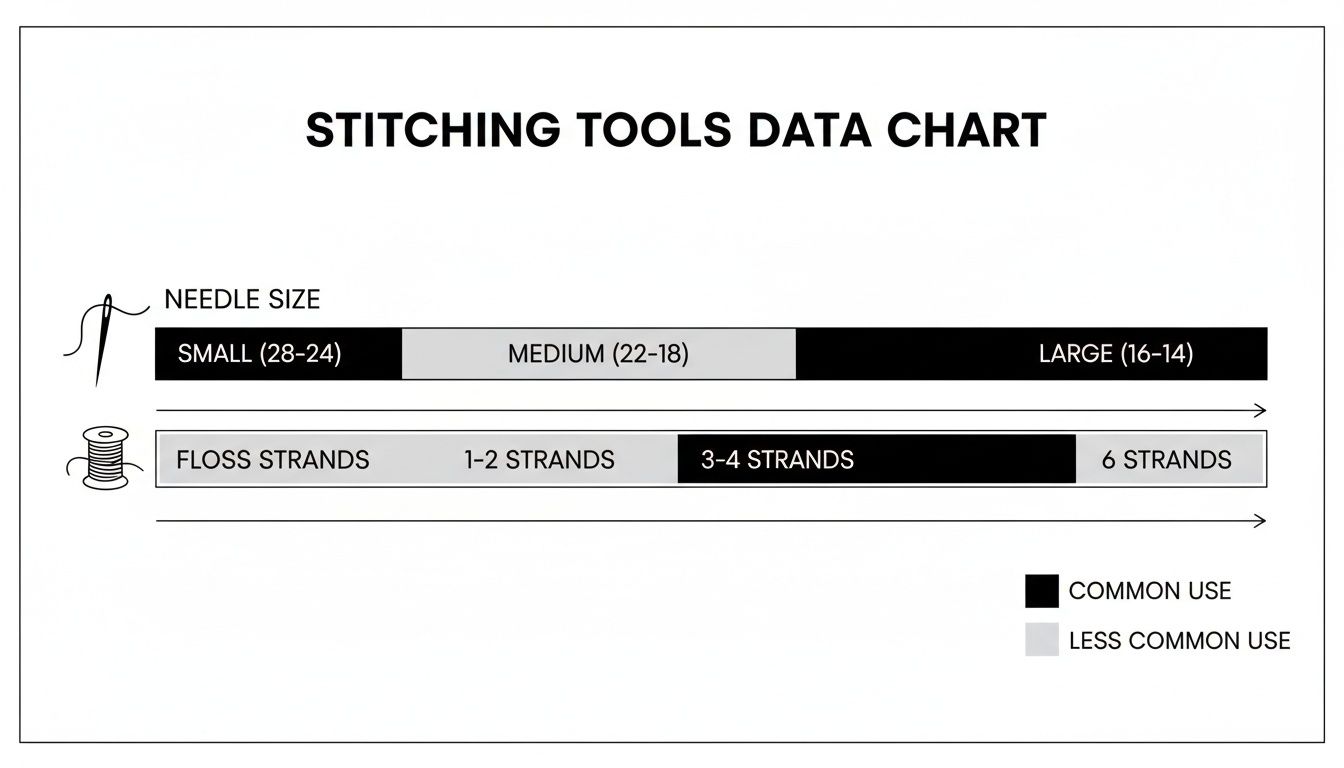Stitching tools data chart detailing common and less common use for needle sizes and floss strands.
