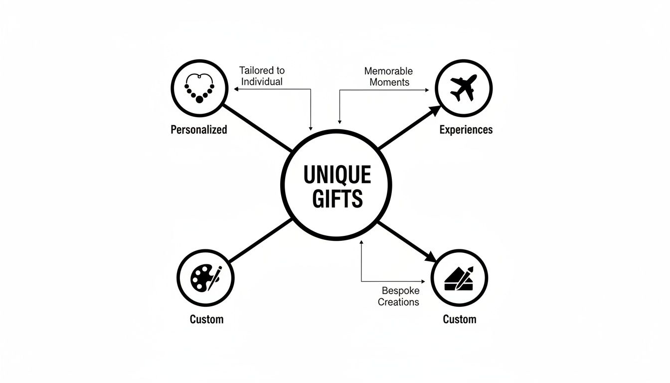 Mind map illustrating 'Unique Gifts' with categories like Personalized, Experiences, and Custom options.