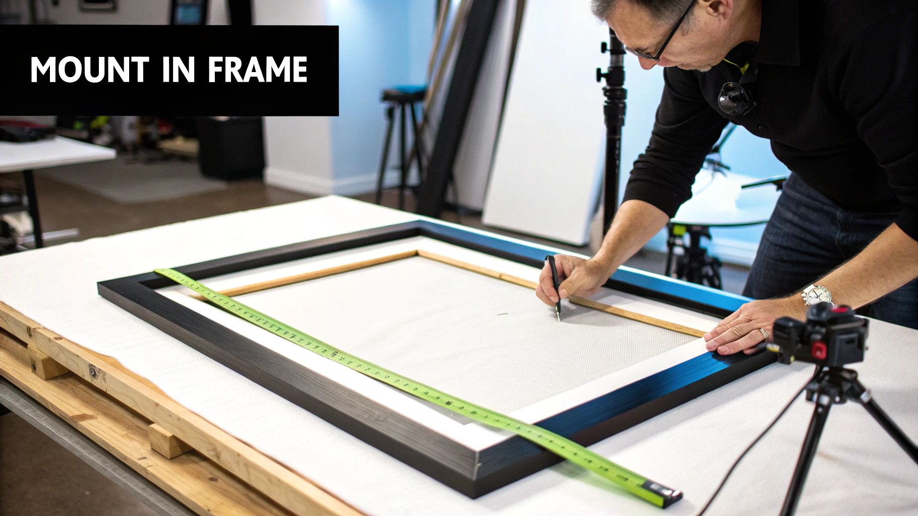 A man carefully marks a white canvas stretched over a wooden frame, inside a black outer frame.