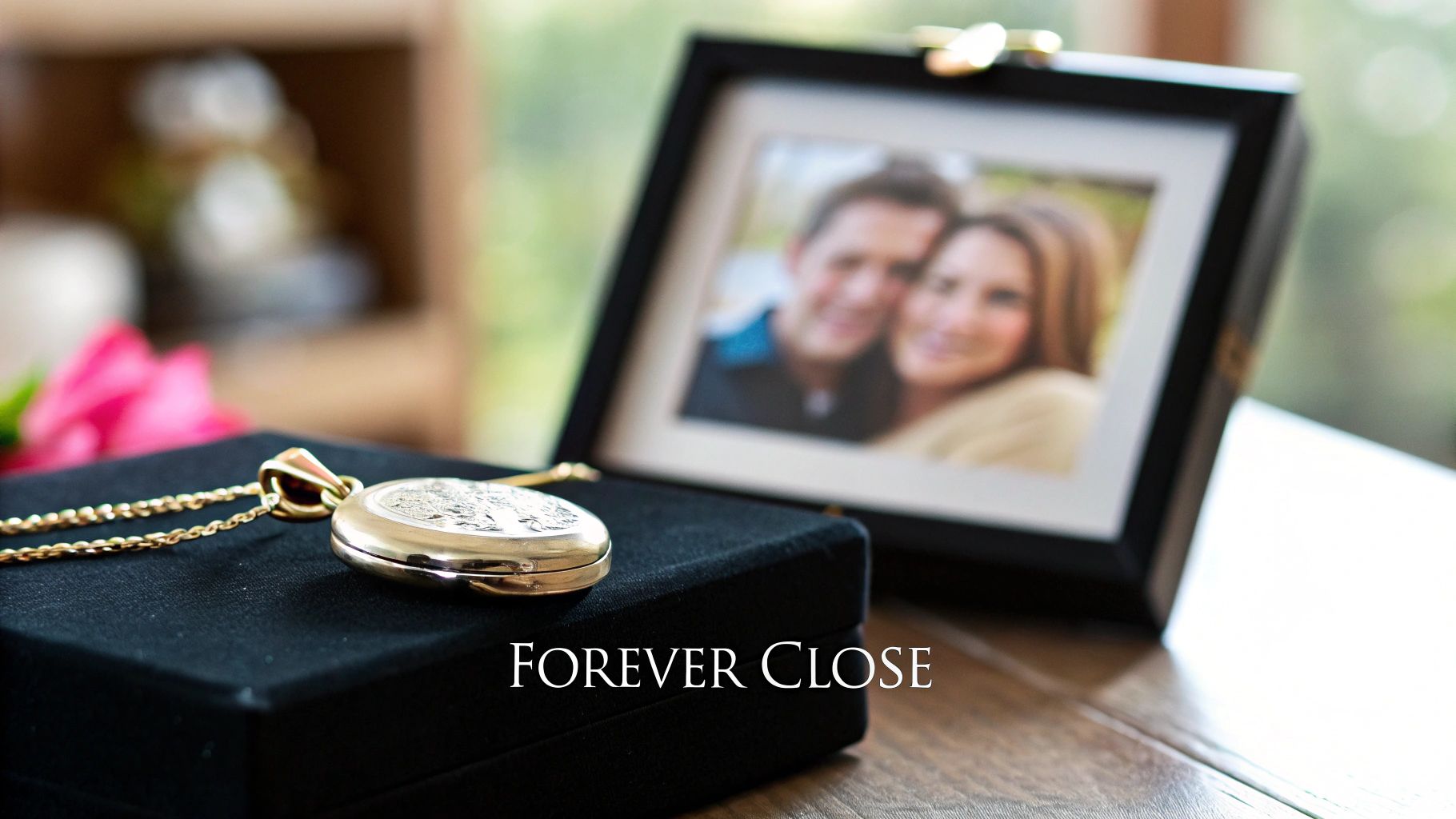 A decorative gold locket and chain rest on a black velvet box, with a blurred framed photo of a couple behind it.