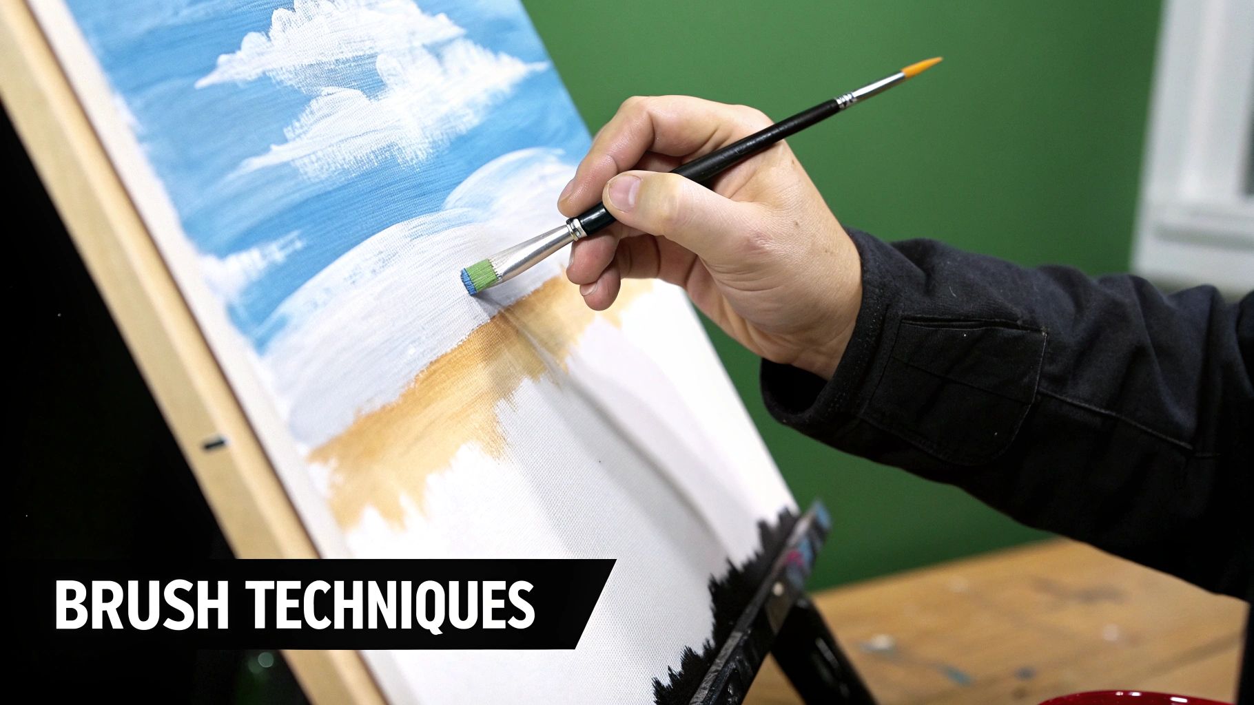 A close-up shot of a person's hand carefully painting within the lines of a detailed paint by number canvas.