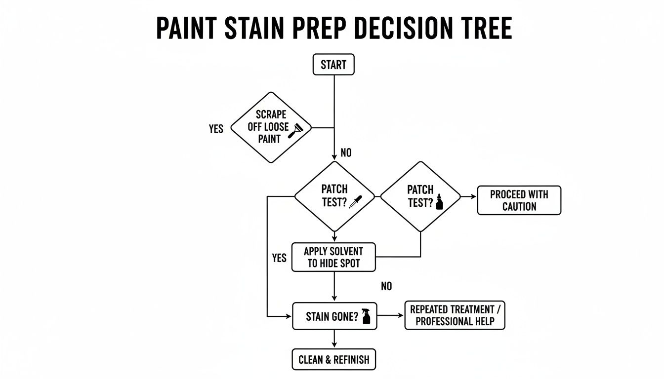 Flowchart demonstrating a paint stain preparation decision tree, detailing steps from scraping to professional help.