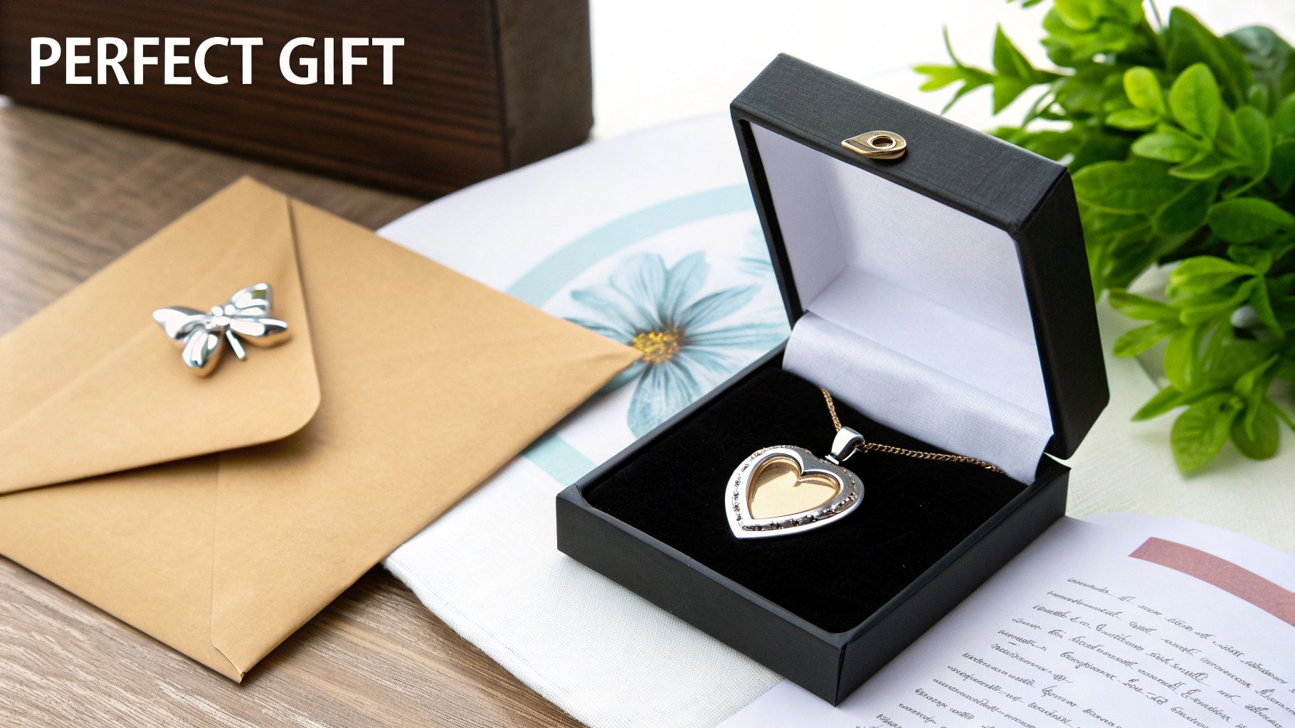 A silver and gold heart locket in a black gift box, beside a brown envelope with a butterfly charm.