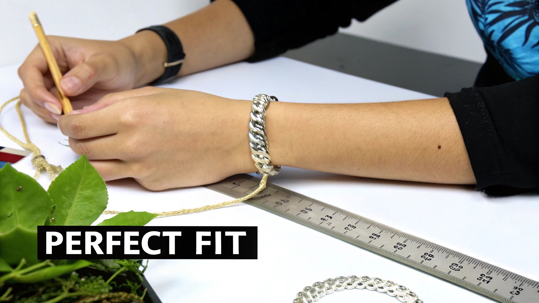 Person measuring wrist with a ruler for a personalized sterling silver bracelet, ensuring a perfect fit.