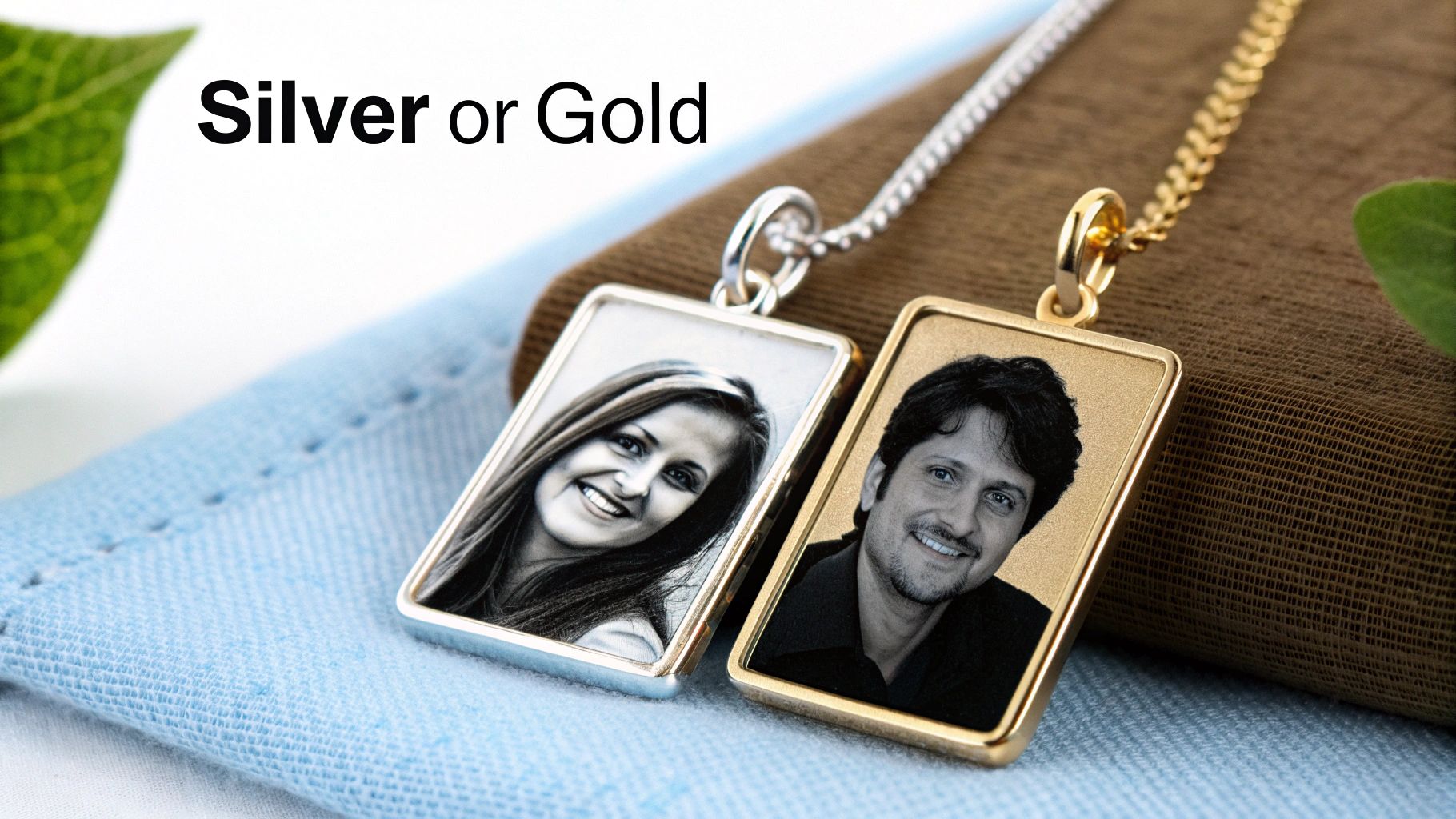 Two rectangular photo pendants, one silver with a woman's picture, one gold with a man's picture.