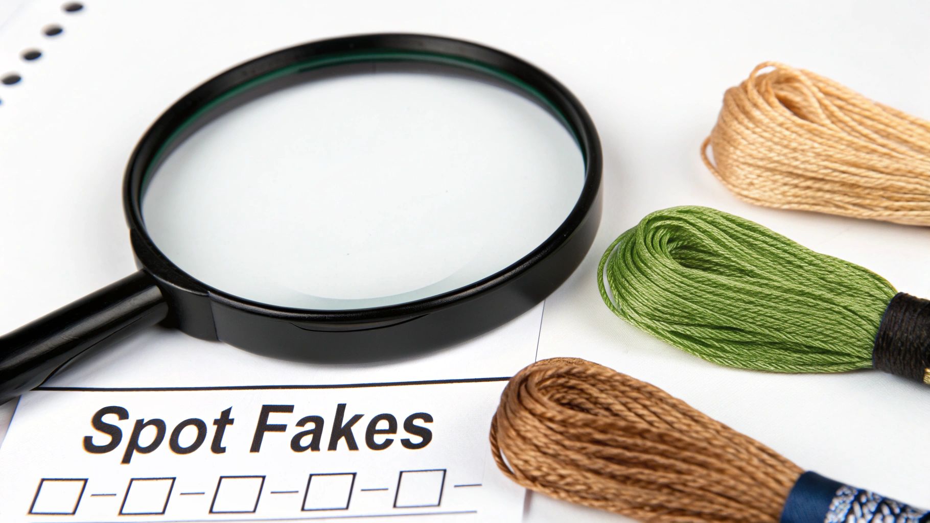 A magnifying glass on a 'Spot Fakes' document next to brown, green, and beige embroidery floss.