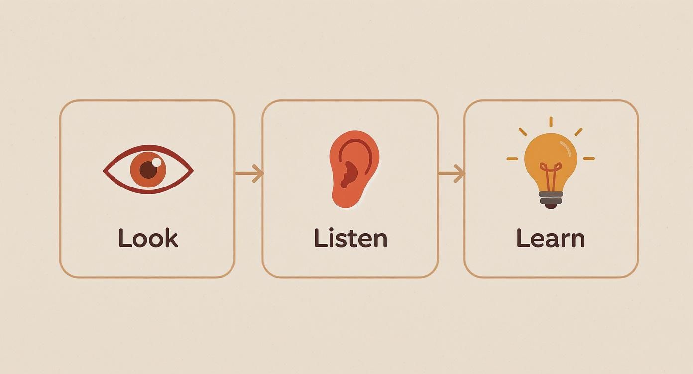 Infographic with three icons: an eye for 'Look,' an ear for 'Listen,' and a lightbulb for 'Learn,' visualizing the process of uncovering her style.