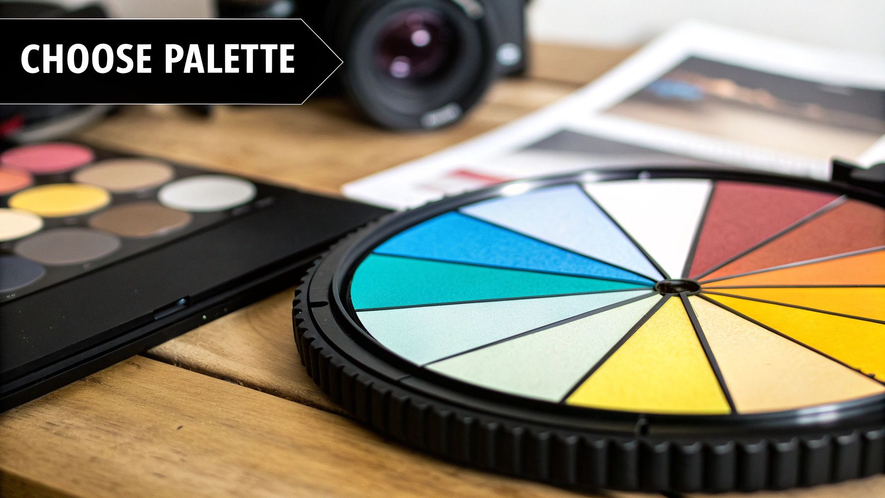 A color wheel is shown with an artist's hand pointing to a selection of analogous colors, highlighting the yellow, yellow-orange, and orange section.