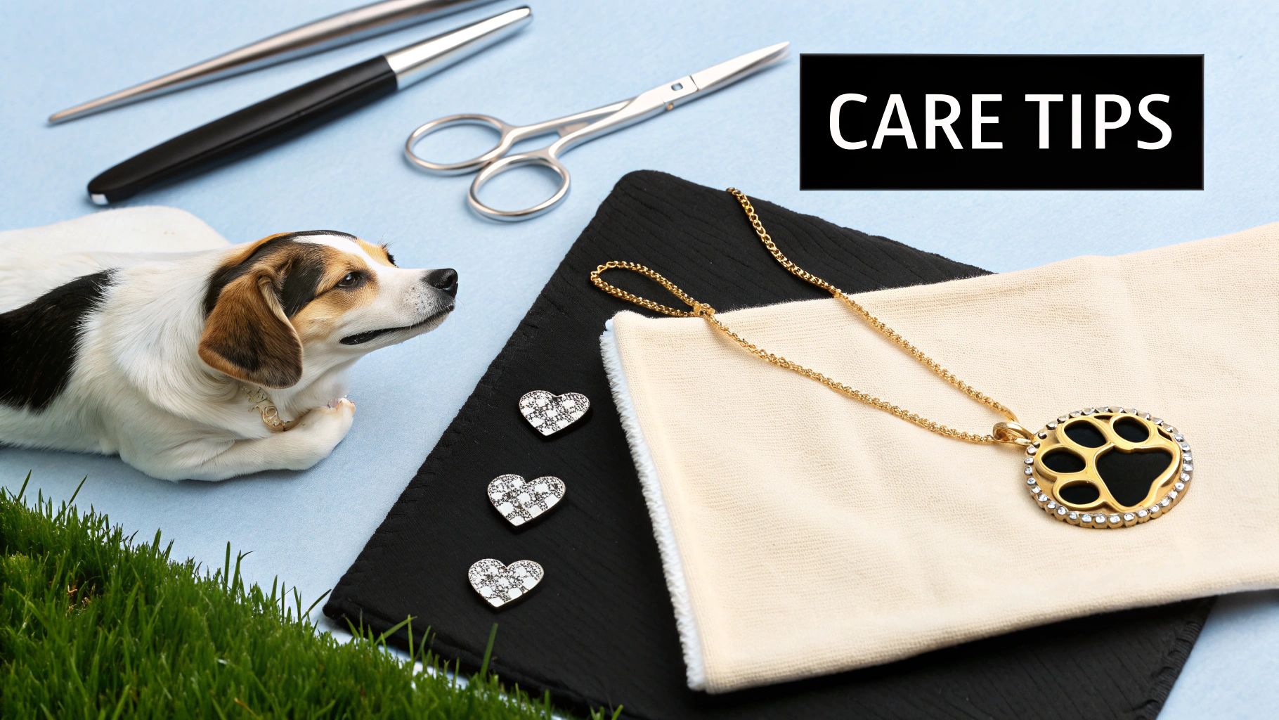 A person gently cleaning a personalized pet necklace with a soft cloth.