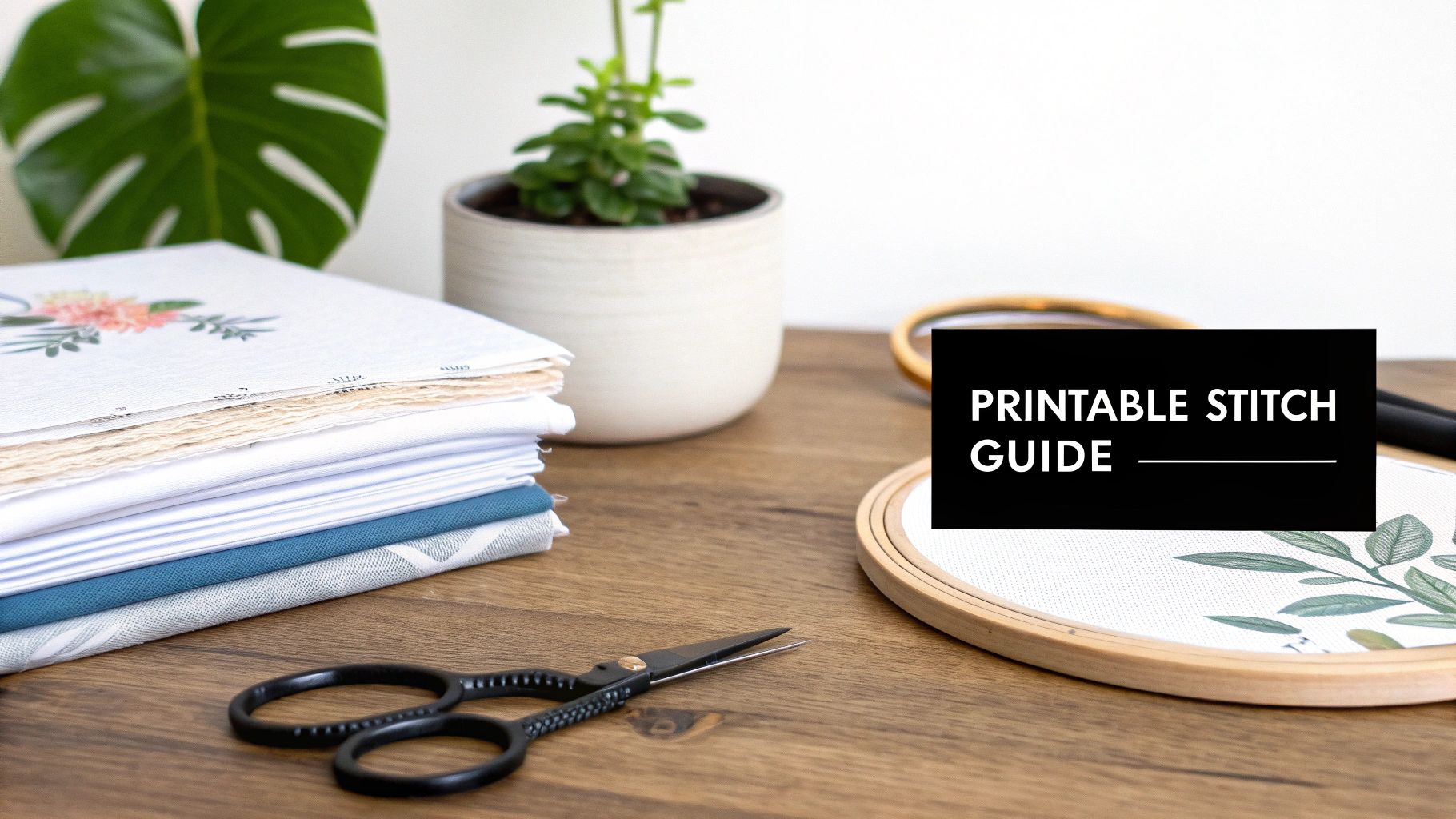Craft desk with embroidery hoop, scissors, fabric stack, and a 'Printable Stitch Guide' display.
